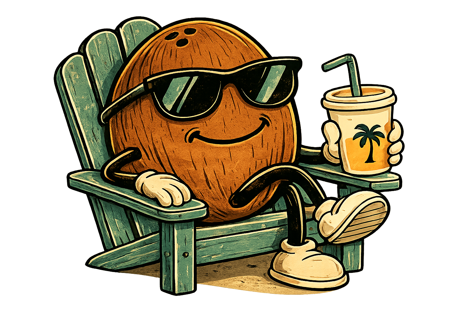 cartoon coconut on a wood chair on the sand enjoying a custom coffee drink
