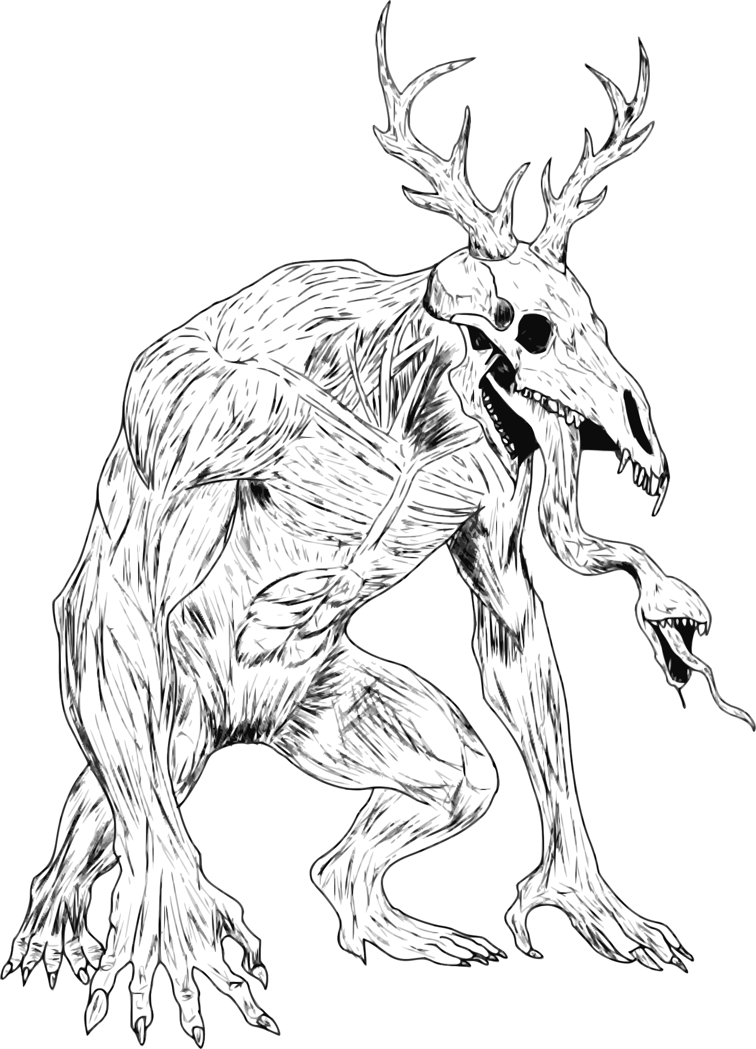 Black and white digital illustration of a what appears to be a stylized or mythical deer with large antlers and an ape-like body