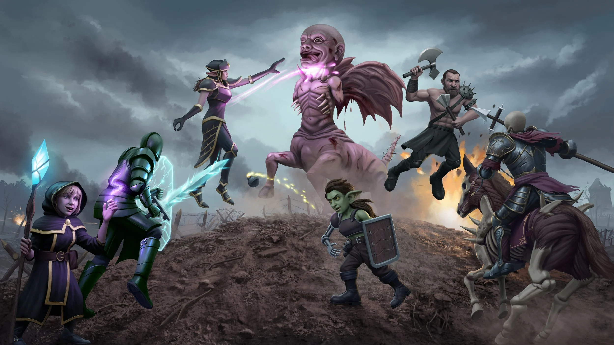 Fantasy battle scene with witches, warriors, orcs, and a large creature with a huge head, wings, and claws, set in a war-torn landscape under dark stormy skies.