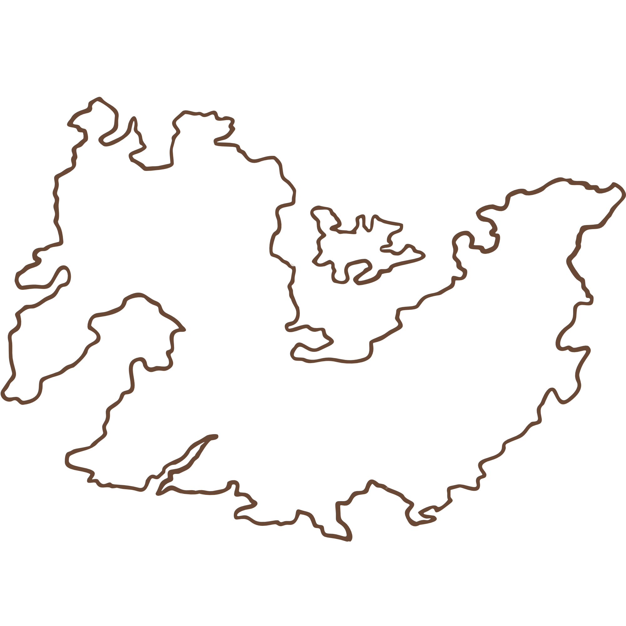 Outline map of the fictional continent Vophemel outlined in brown on a black background.