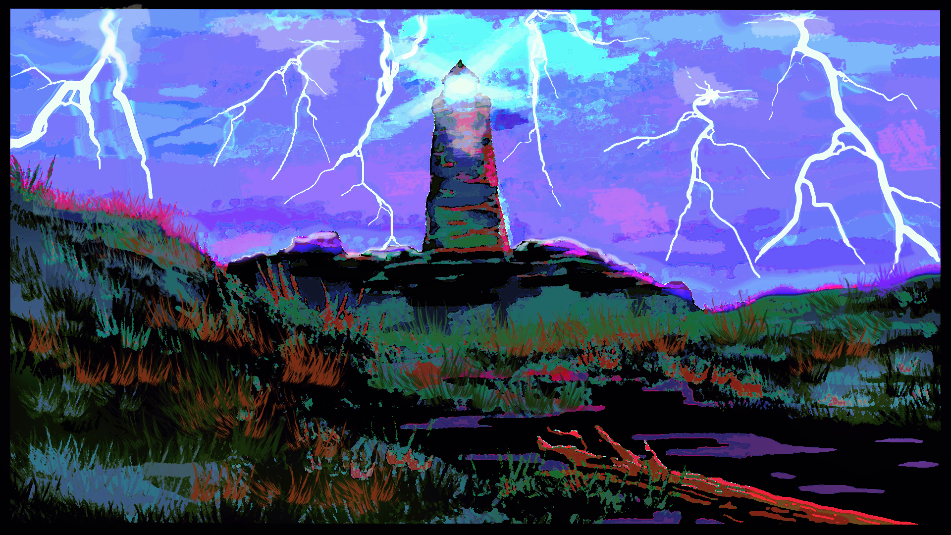 Digital art of a lightning storm over a landscape featuring a tall stone tower on a hill, with colorful vegetation and a reflective body of water in the foreground.