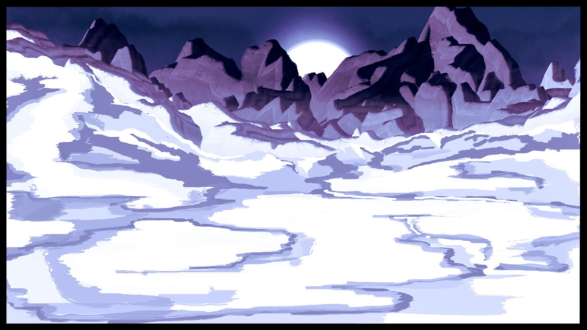 Nighttime mountain landscape with full moon, jagged mountains, snow-covered plains, and reflections in icy water.