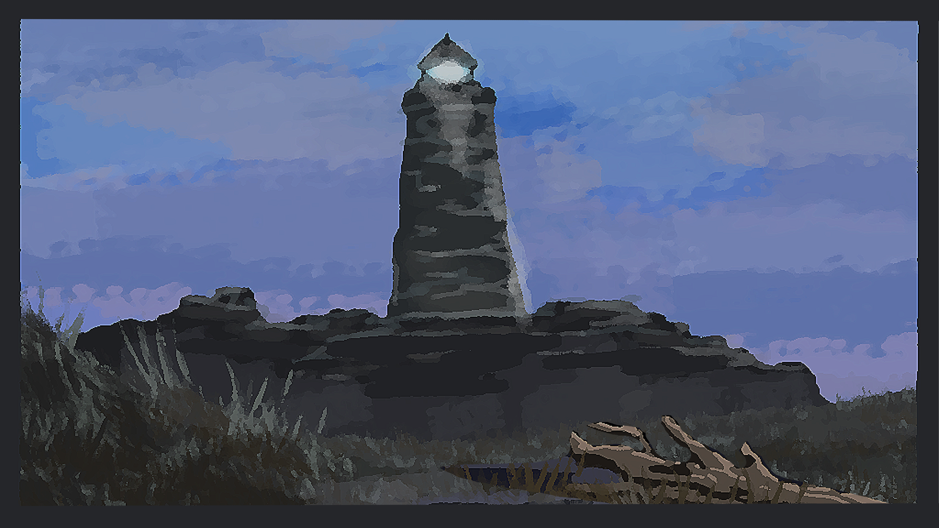 A tall stone lighthouse on a rocky hill under a cloudy blue sky.
