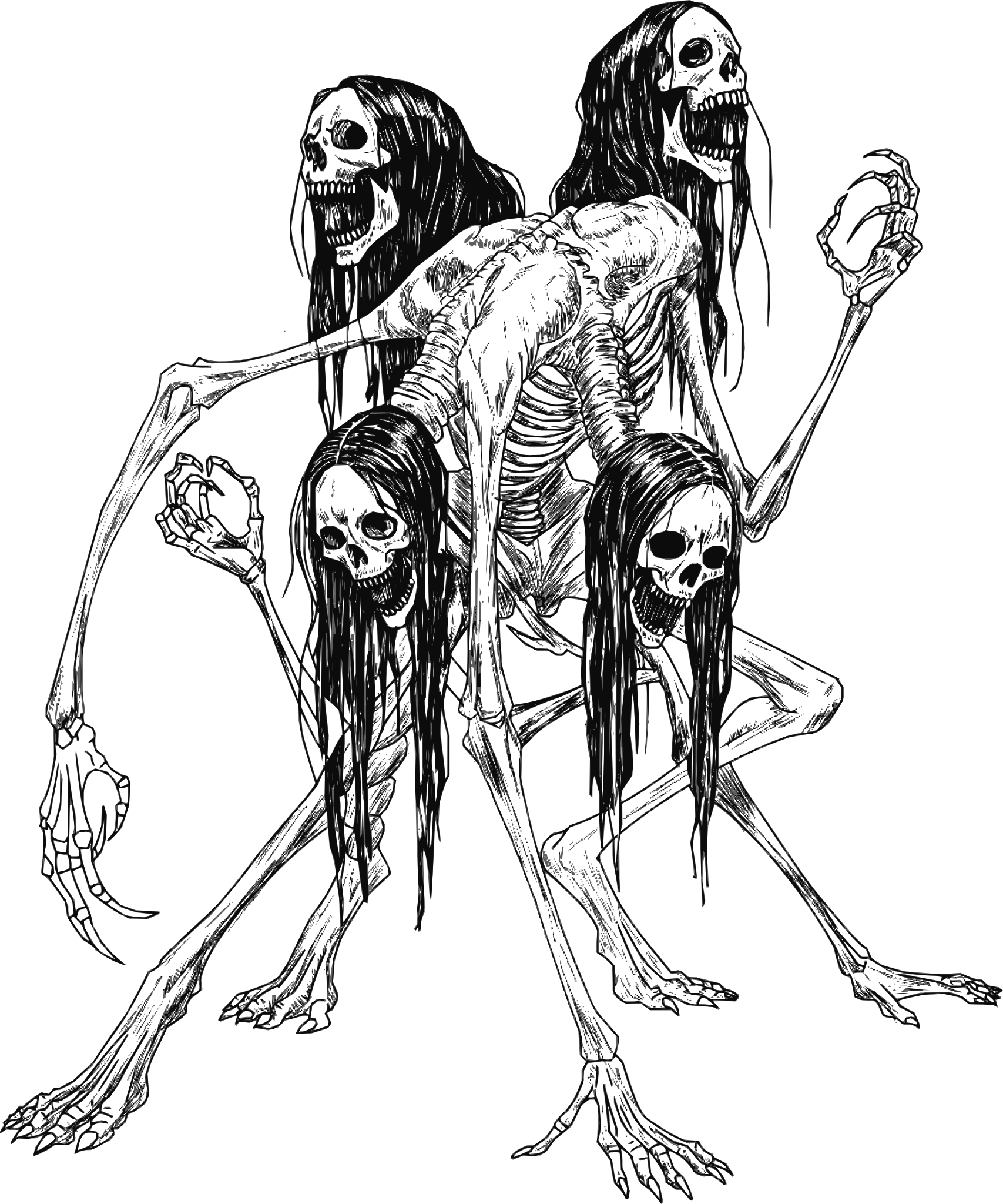 Black and white line drawing of multi-headed skeletal monster