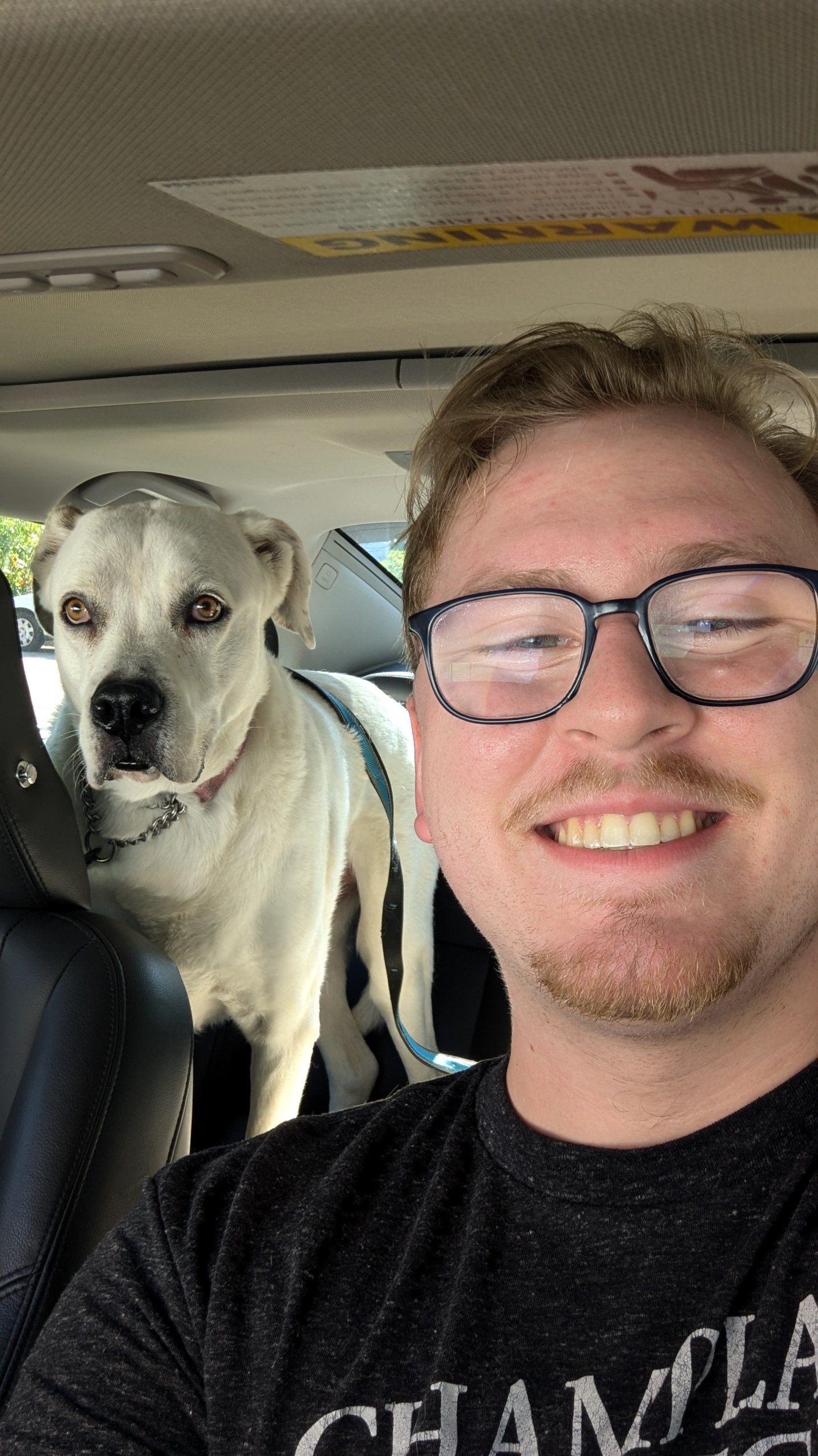 A man with glasses smiling in a car with a white dog sitting behind him.