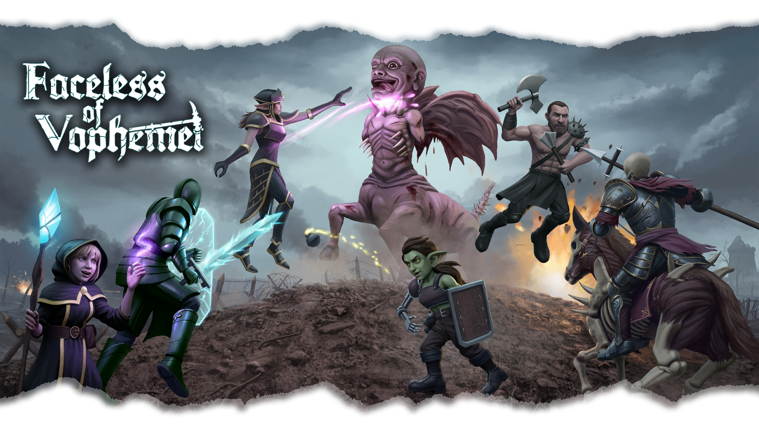Fantasy battle scene with female mage casting a spell on a giant monster, armored warriors riding horses fighting, in a dark, cloudy battlefield.