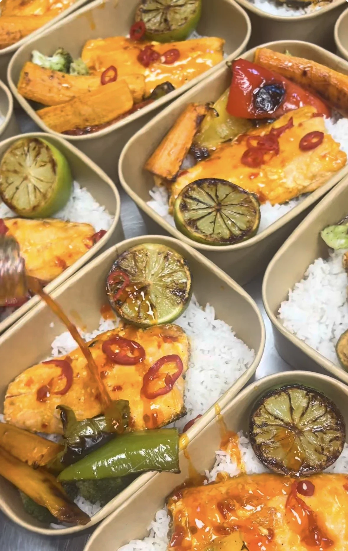 Sweet Chilli Salmon, Honey Roasted Veg & Rice Box