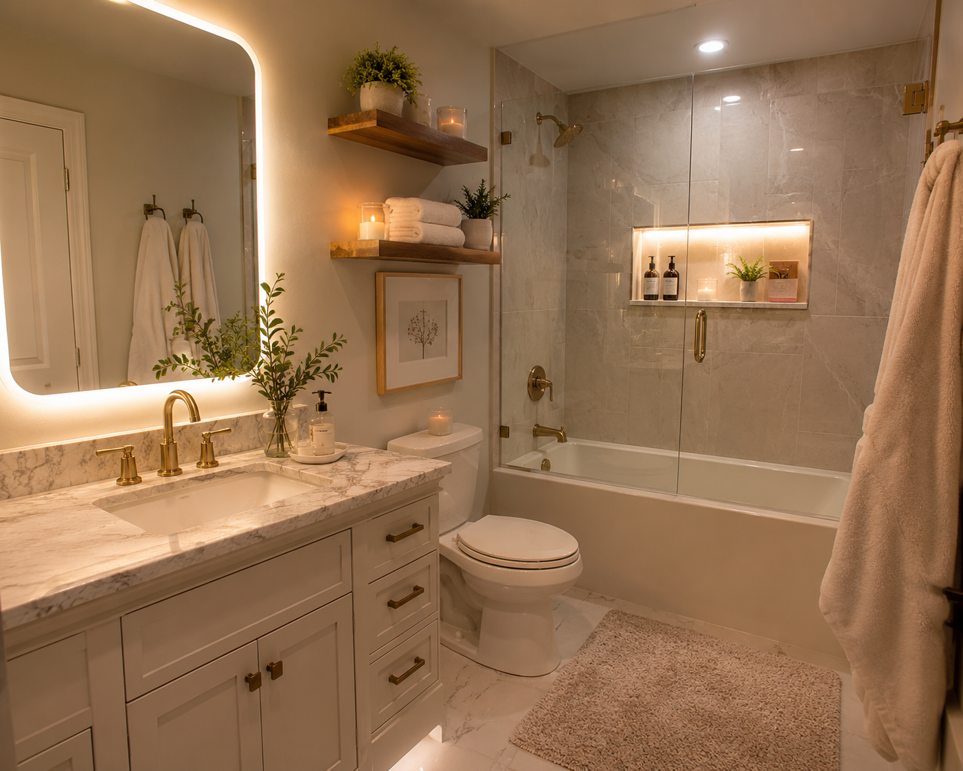 A modern bathroom with a beige marble vanity, gold fixtures, and a large mirror with built-in lighting. There are towels, candles, and decorative plants on the vanity and shelves. The bathtub is enclosed with glass, featuring built-in lighting and shelves with personal care products. A plush beige rug is on the floor.