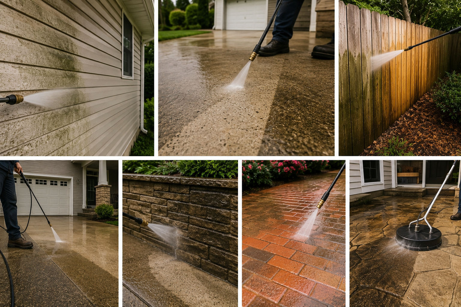 Collage of pressure washing different surfaces: house siding, concrete driveway, wooden fence, brick patio, stone porch, and stamped concrete walkway.
