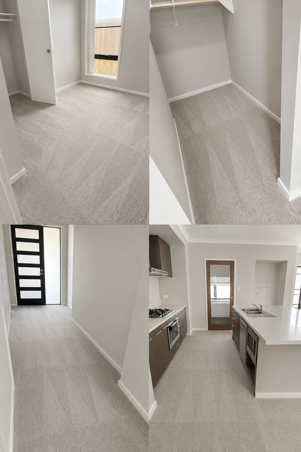 Four photos showing an empty, newly renovated room, a small closet, an entryway, and a modern kitchen in a house.