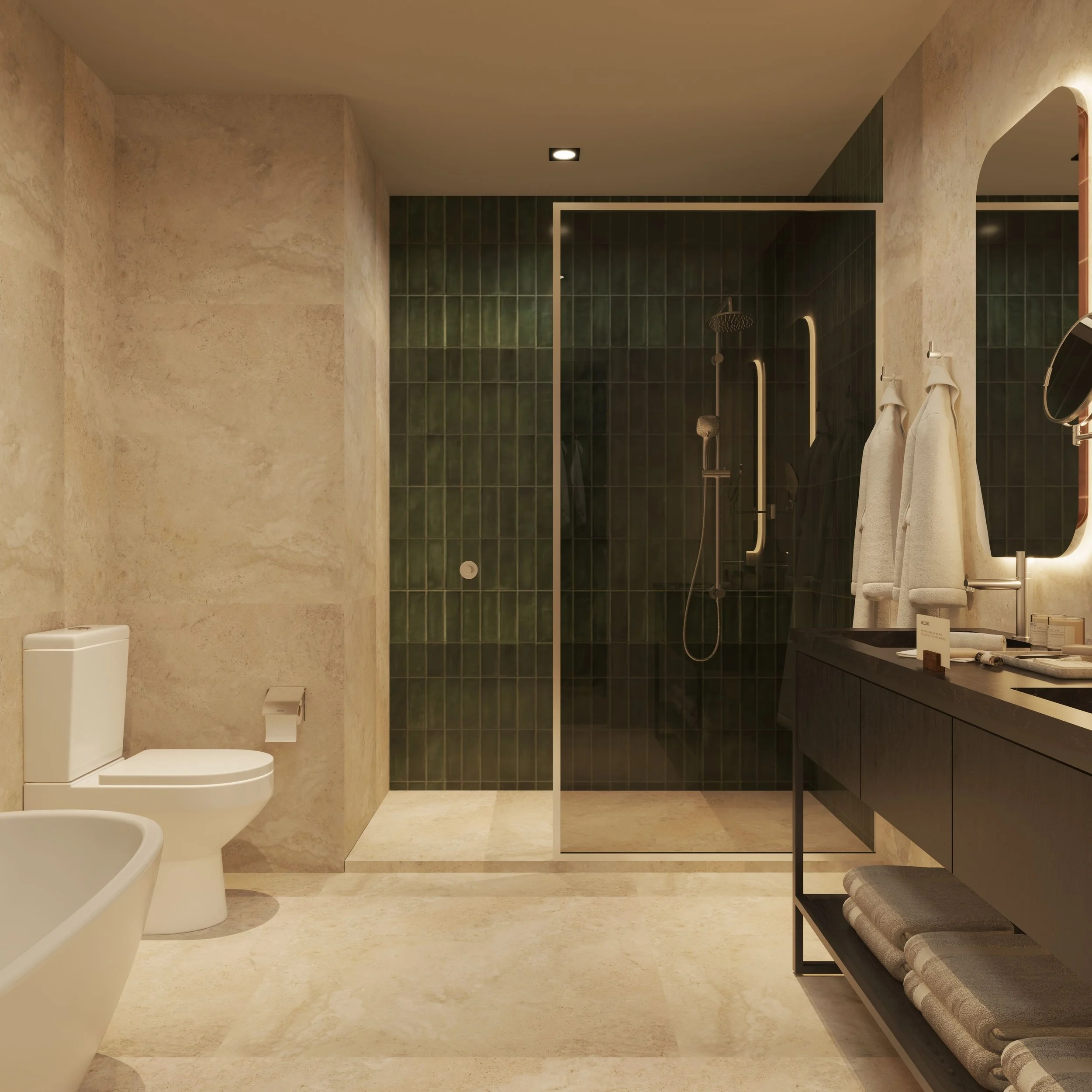 Modern bathroom with a walk-in shower featuring dark green tiles, a rainfall showerhead, a white toilet, and a side table with rolled towels.