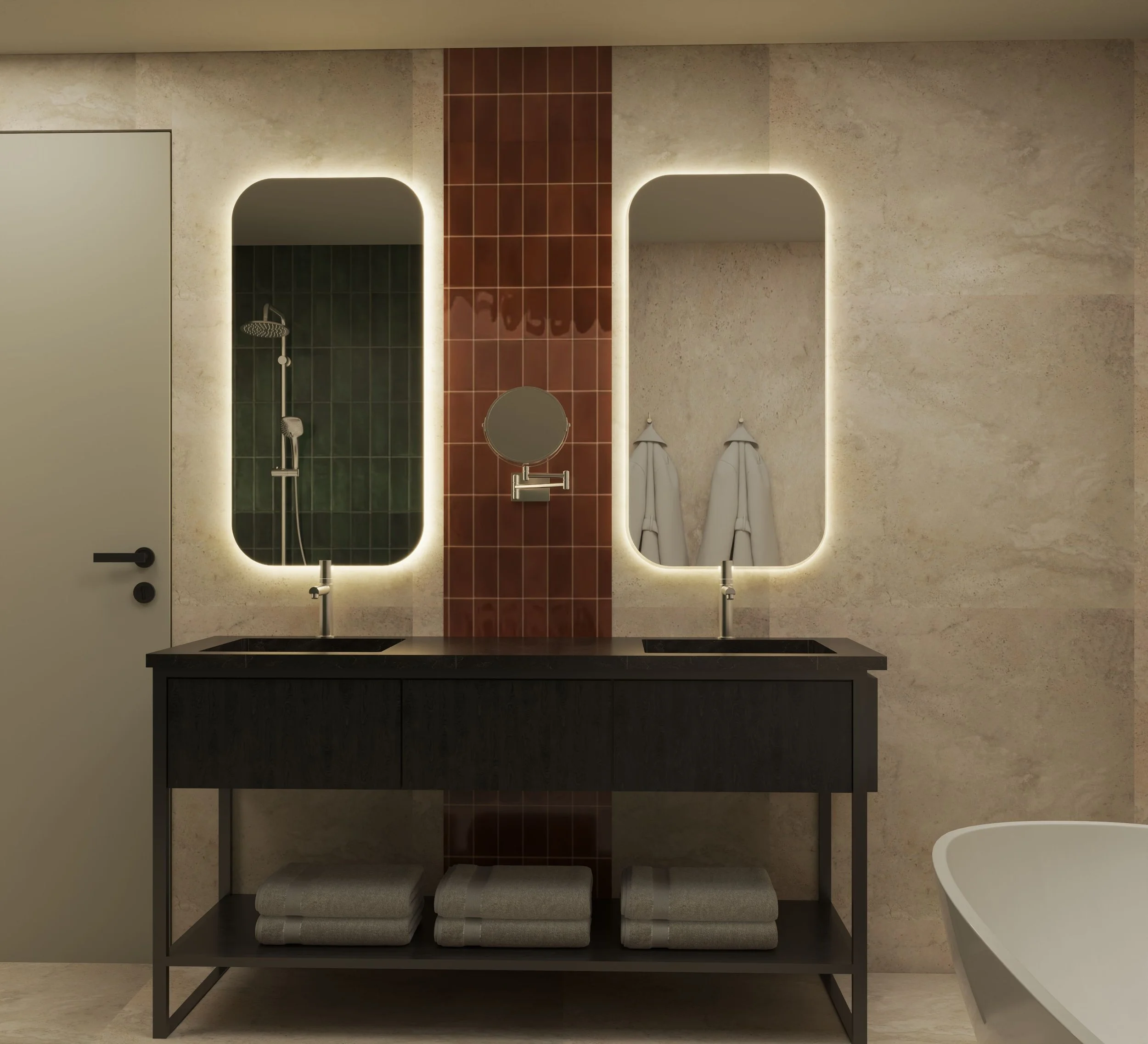Modern bathroom with backlit mirrors, a shower area with black tiles, and a black vanity with folded gray towels underneath.