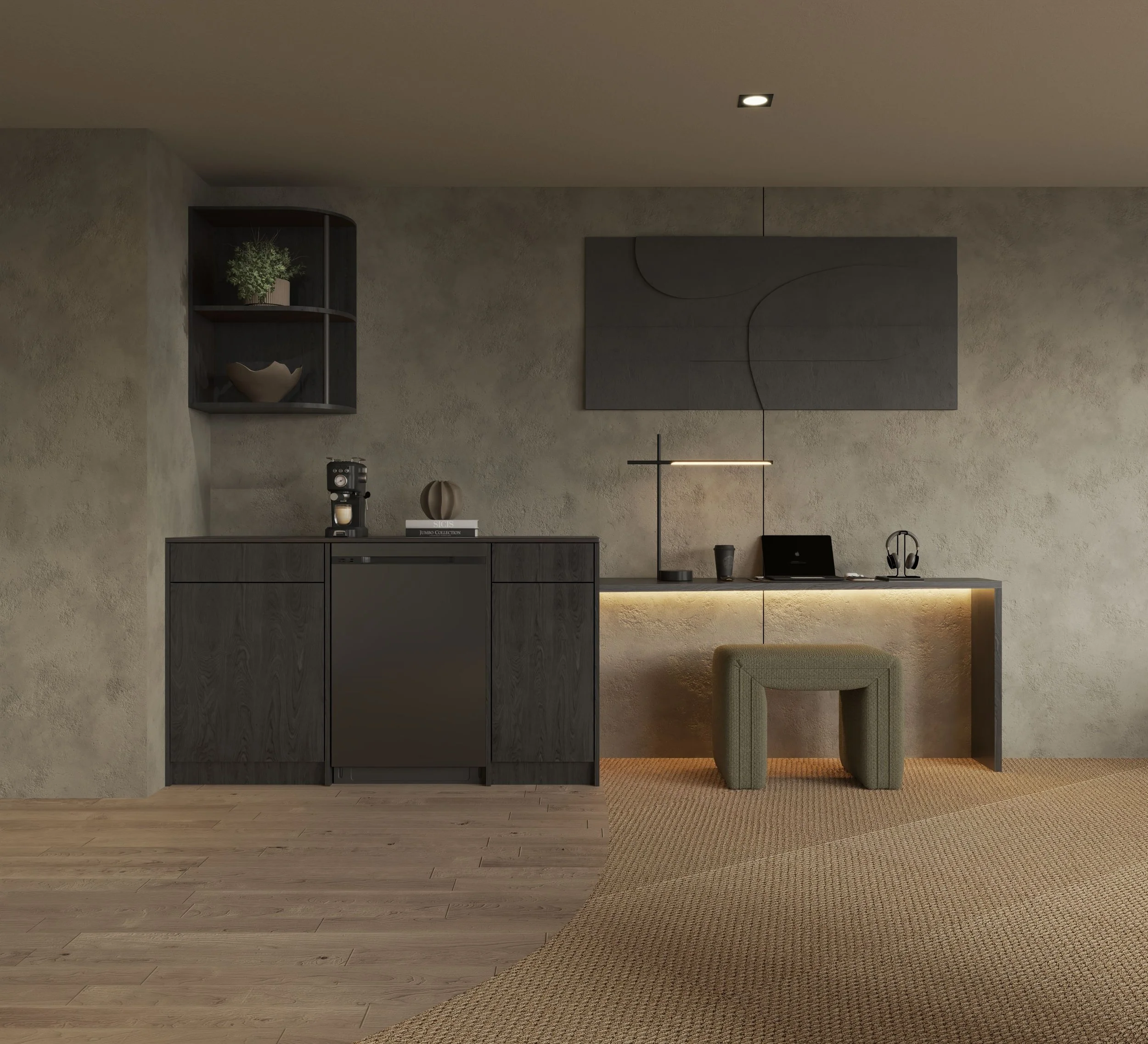A modern living room corner with a textured beige wall, a black cabinet with decorative items, and a green upholstered chair on a beige rug. There is a black art piece on the wall and a small floating shelf with a plant and a bowl.