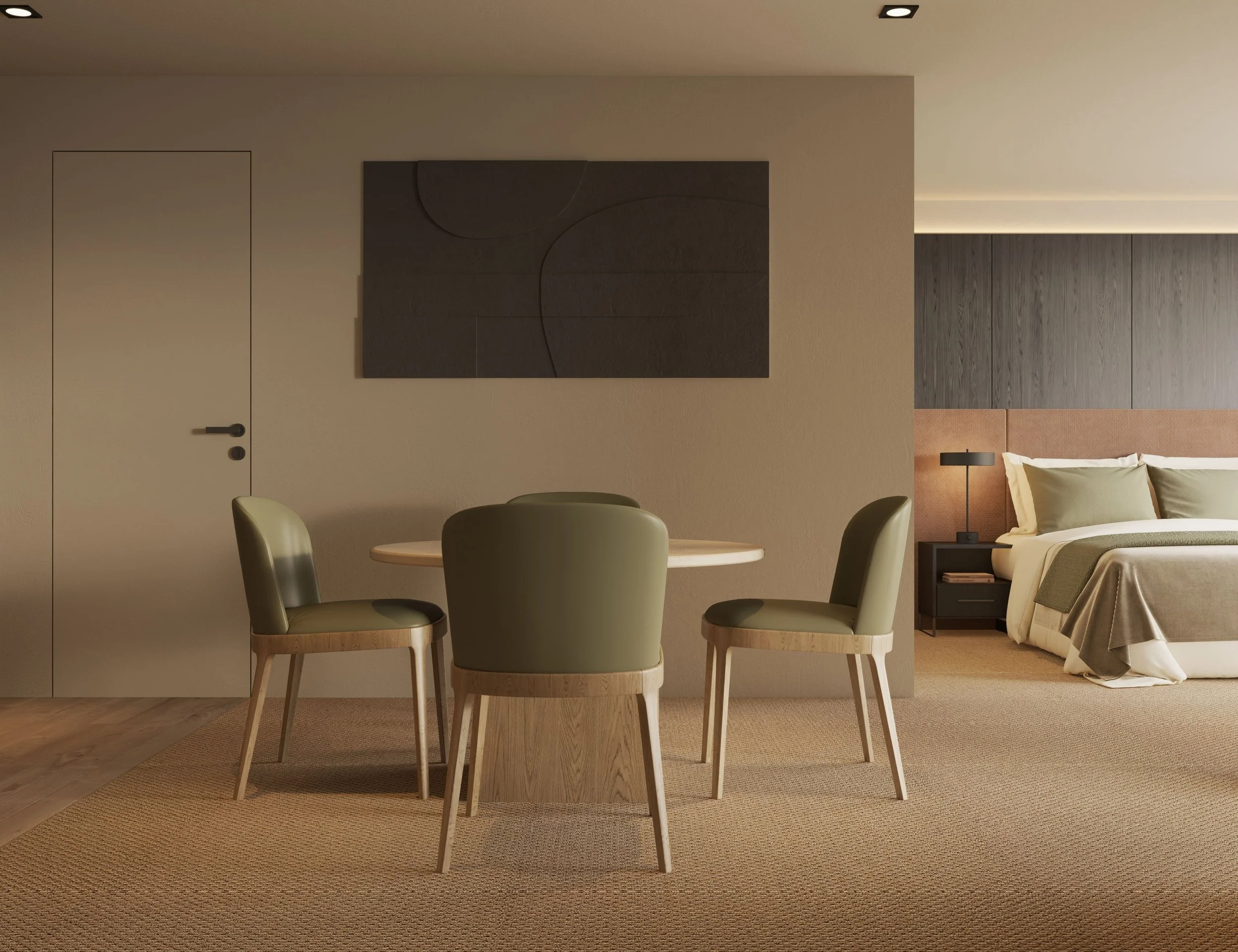 Modern interior with dining table and chairs, artwork on the wall, and a bedroom with a bedside lamp and bed.