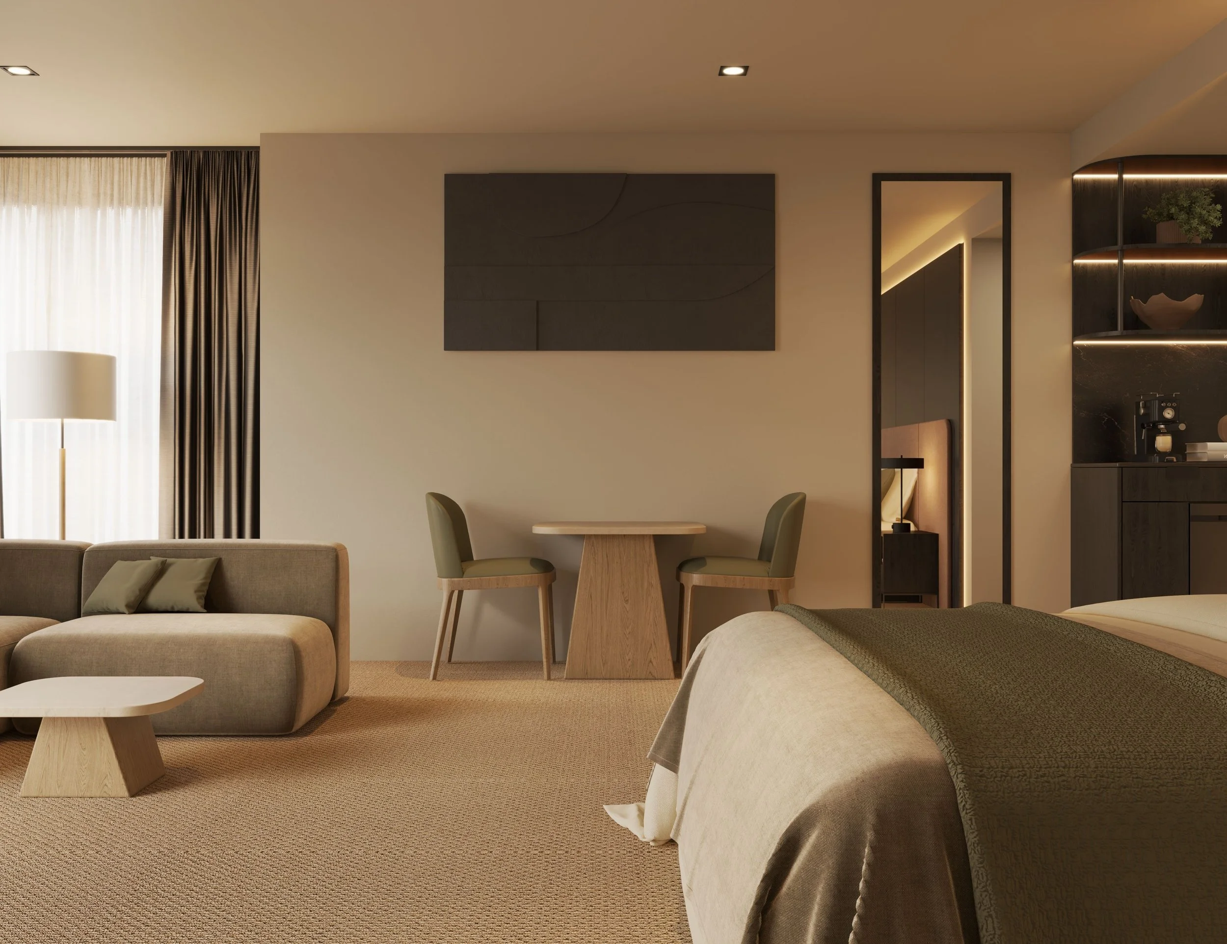 Interior of a modern living space with beige sofas, a wooden table, a small round side table, a framed abstract artwork on the wall, a mirror, a cabinet with a potted plant, and a large window with light curtains.
