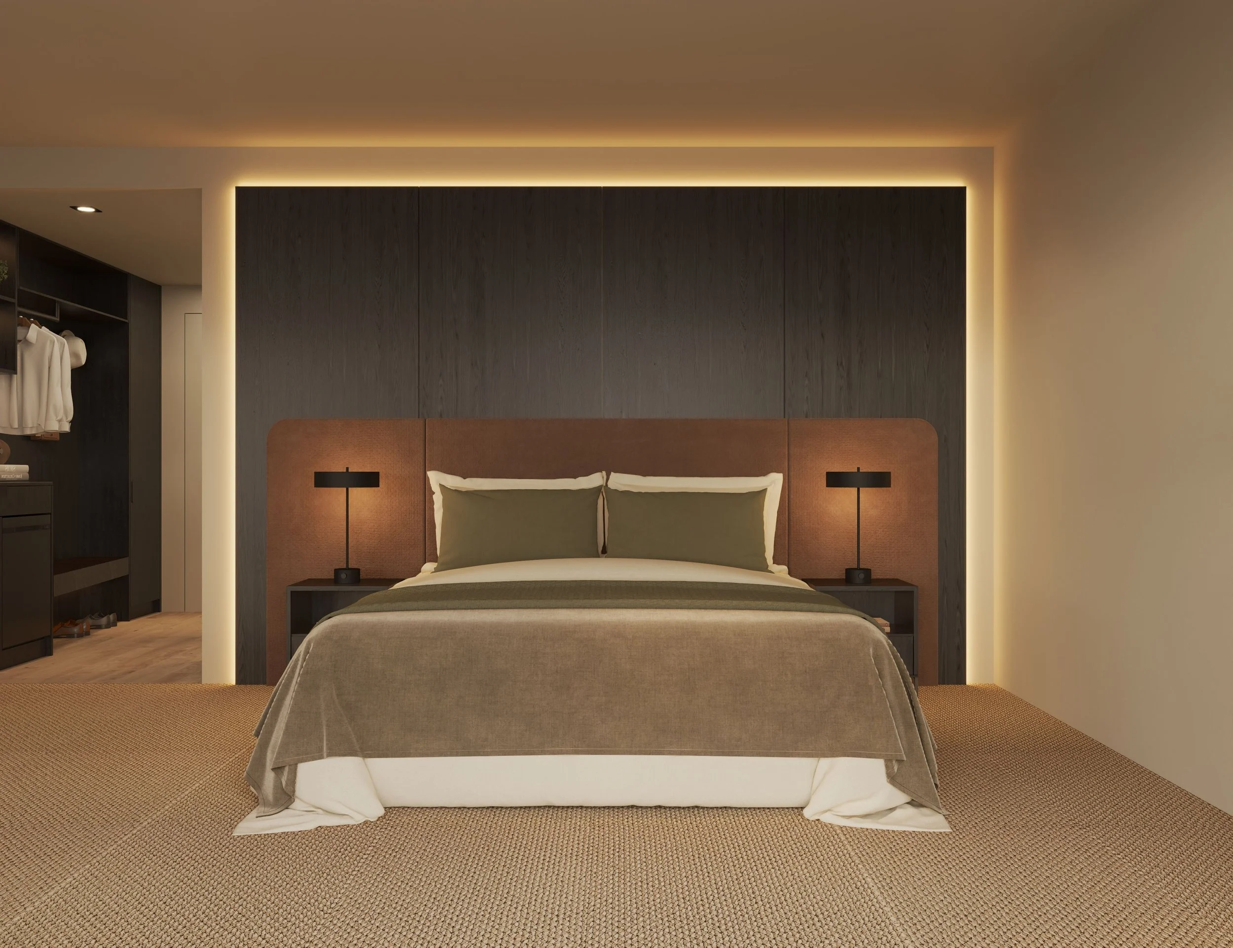 Modern bedroom with a large bed featuring a beige headboard, flanked by black bedside tables with matching black lamps, and a dark paneled wall behind the bed with ambient lighting.