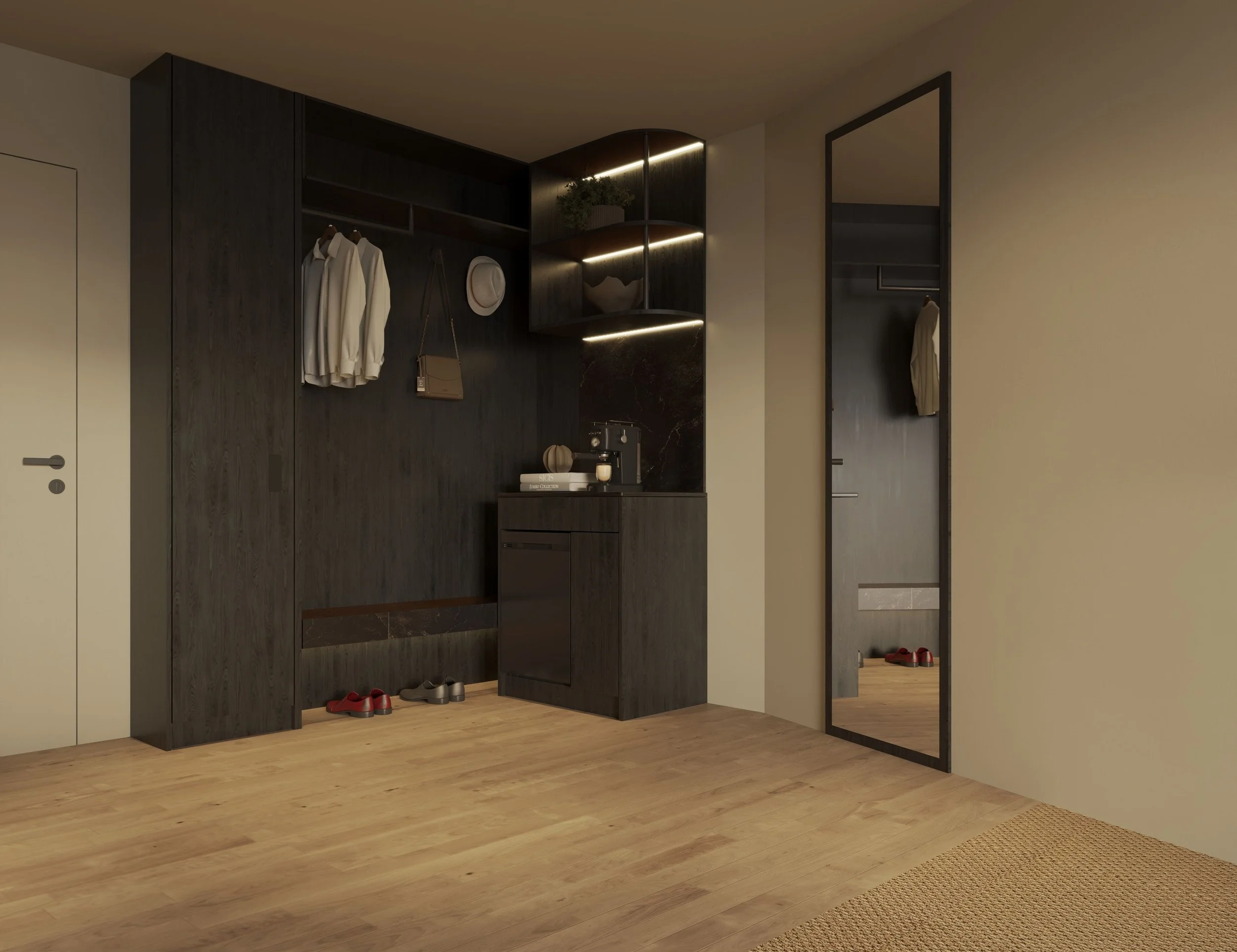Modern interior hallway with a black wardrobe, a large mirror, a small cabinet, and two pairs of shoes on the wooden floor.