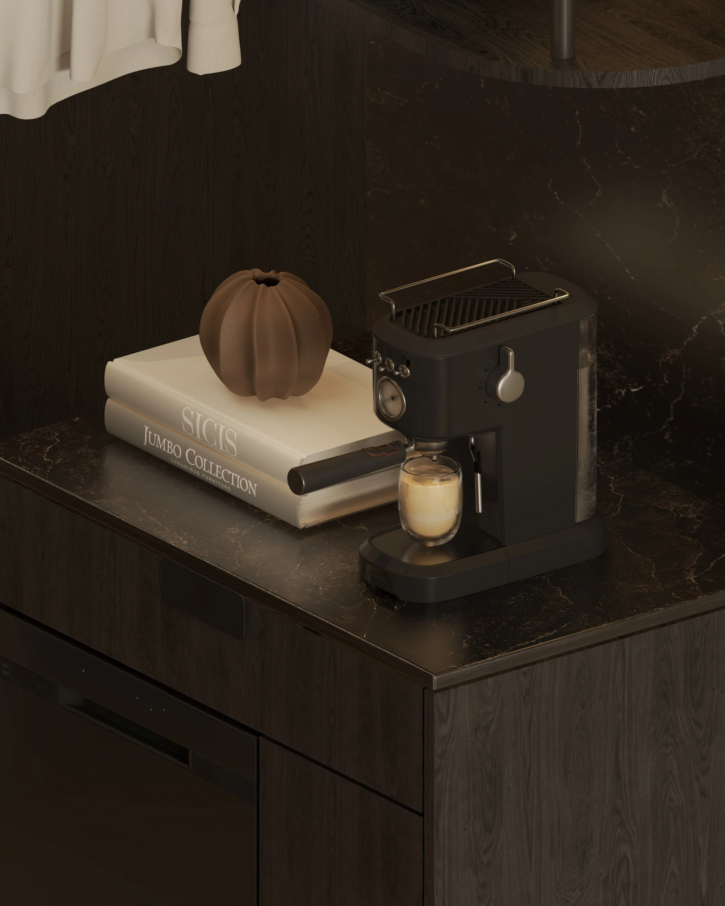 Dark wood cabinet with a white book on top, a brown decorative pumpkin, a black espresso machine, and a glass of frothy coffee on a black marble countertop.
