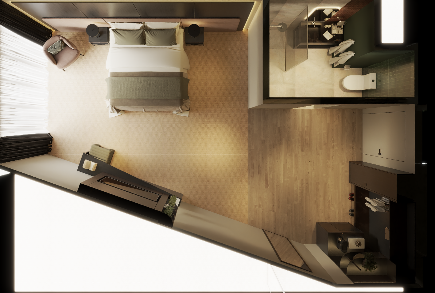 Top-down view of a modern hotel room featuring a bed, bedside tables, a chair, a desk, a bathroom with a glass shower, toilet, and green accent wall.