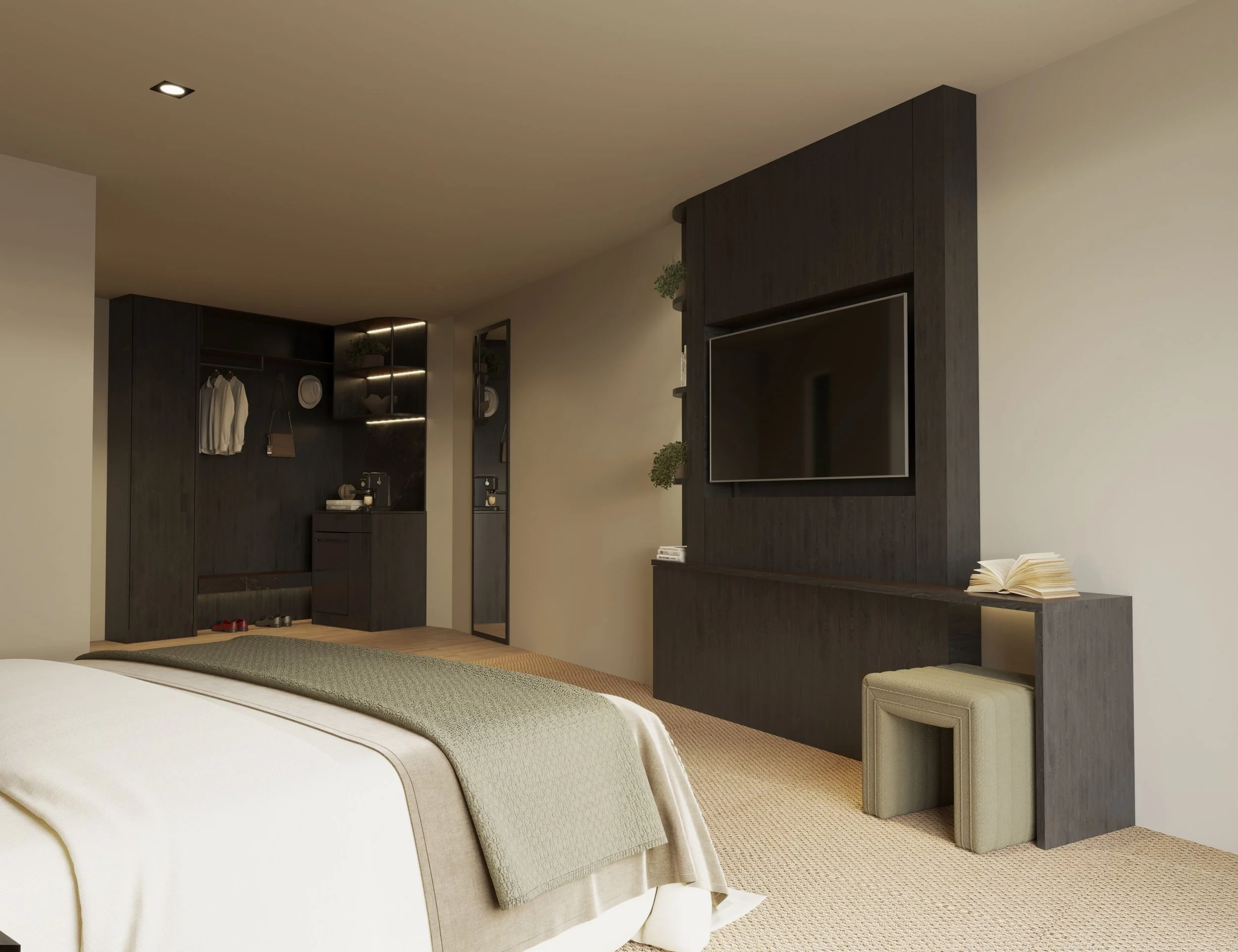 A modern bedroom with a bed in the foreground, a dark wood entertainment wall with a flat-screen TV, and built-in shelves with decorative items and plants. The room has neutral tones and soft lighting.