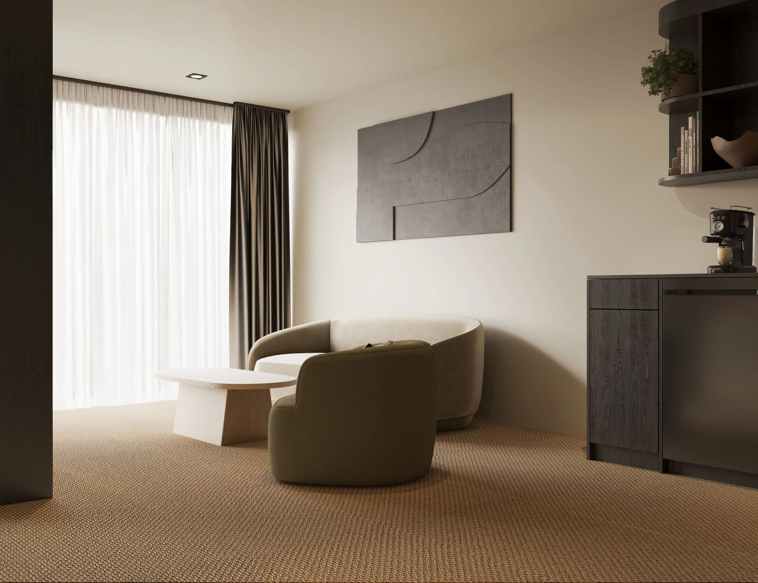 A cozy, modern living room with beige walls, a large window with sheer white curtains and dark drapes, a beige armchair, a round wooden coffee table, and a dark wood cabinet with a coffee machine. A textured abstract wall art decorates the wall.