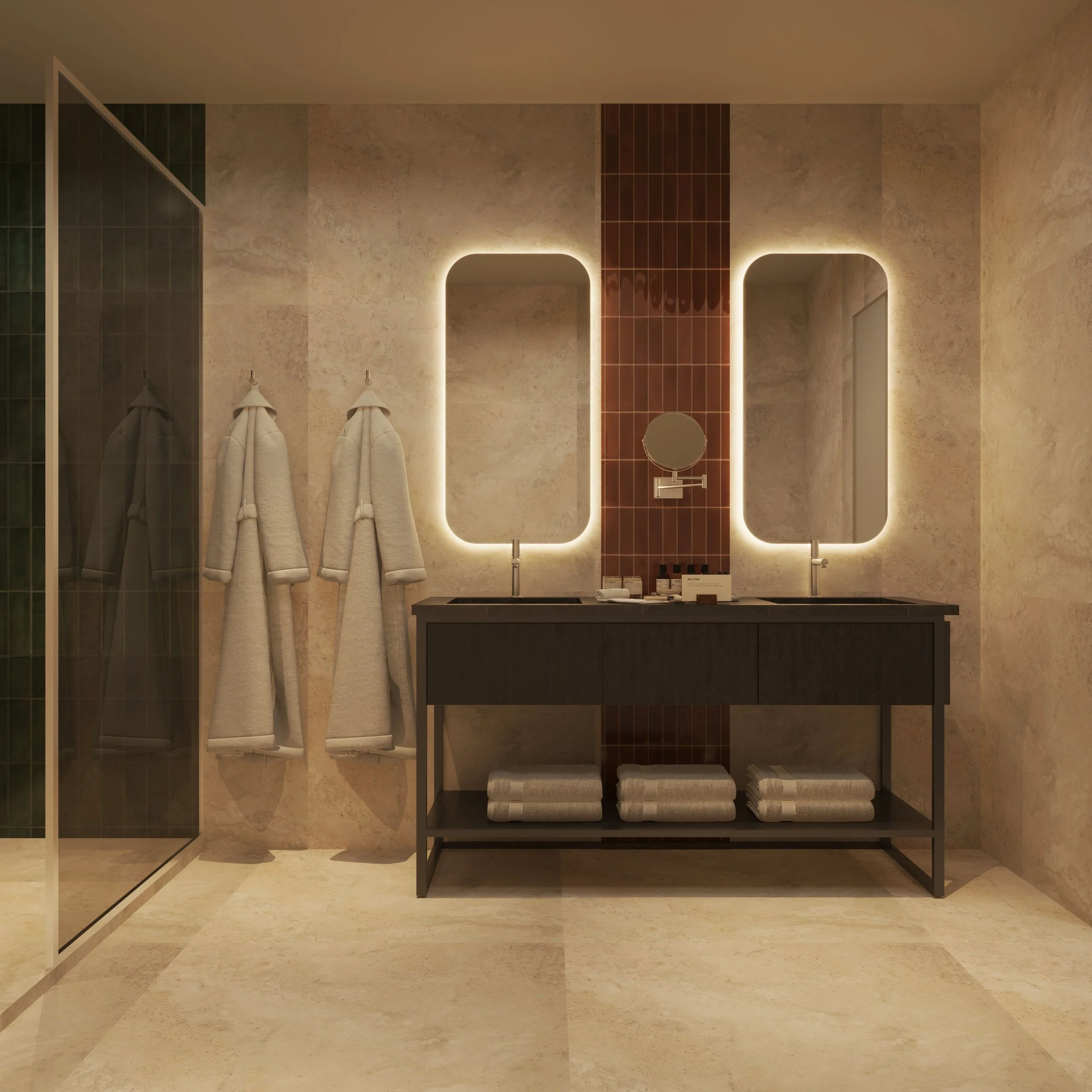 Modern bathroom with beige walls and flooring, two illuminated mirrors, a black vanity with towels underneath, and a glass shower on the left.