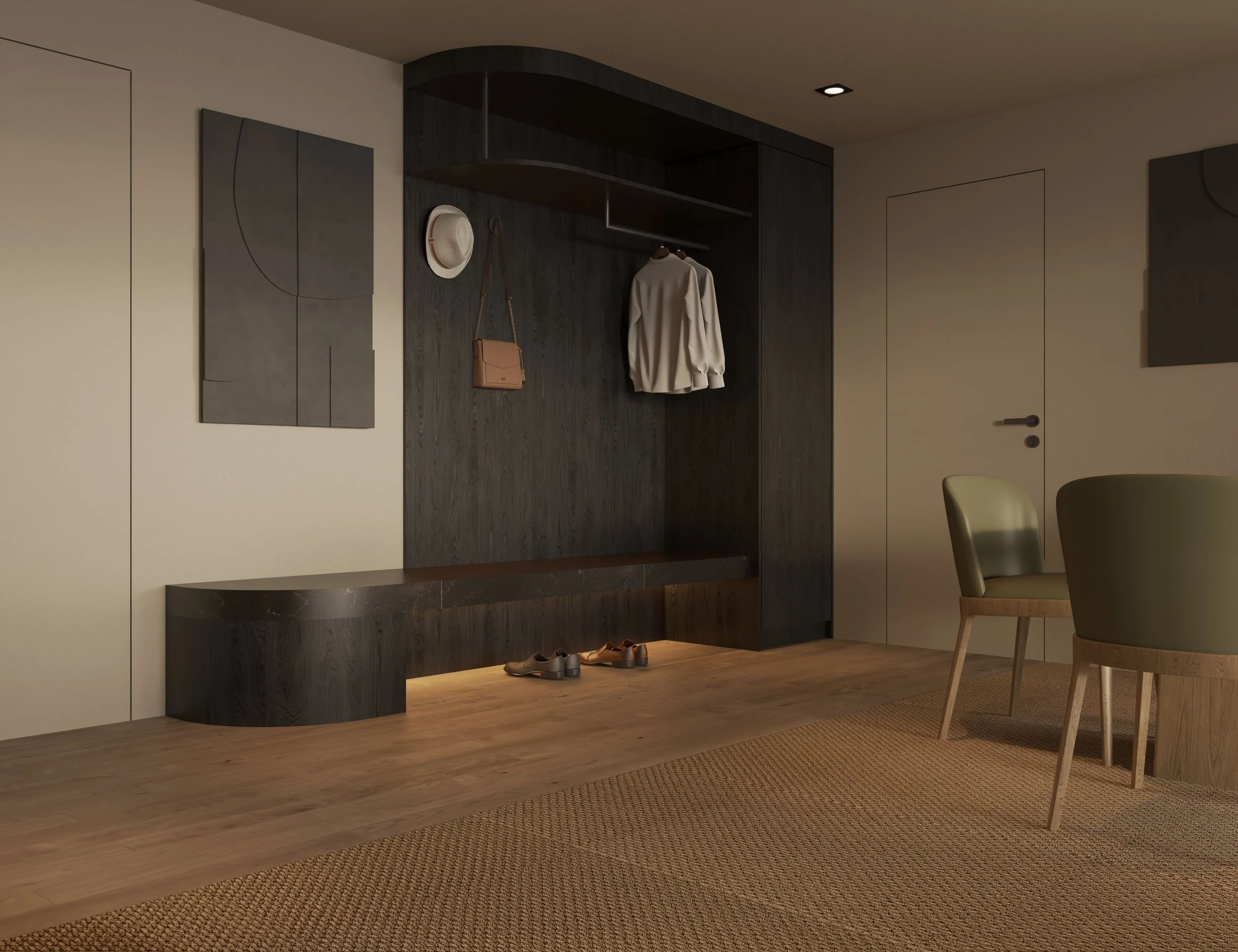 Modern entryway with a dark wood wardrobe, clothing hanger, beige hat, beige purse, beige sweater, and shoes on a wooden floor. There are chairs, doors, and wall art.