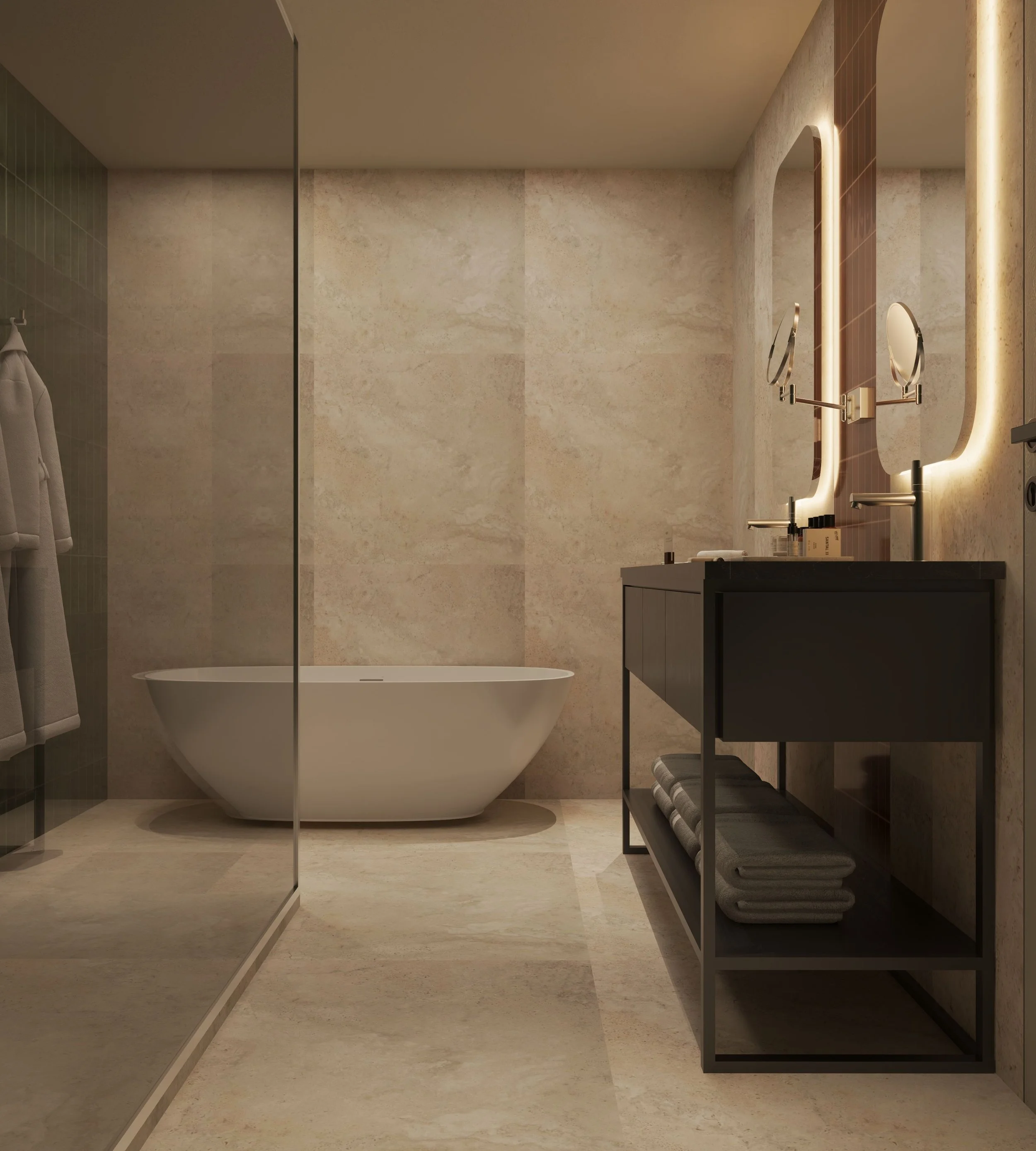 Modern bathroom with a bathtub, a large mirror with backlighting, a dark vanity with a sink, and shelves with folded towels.
