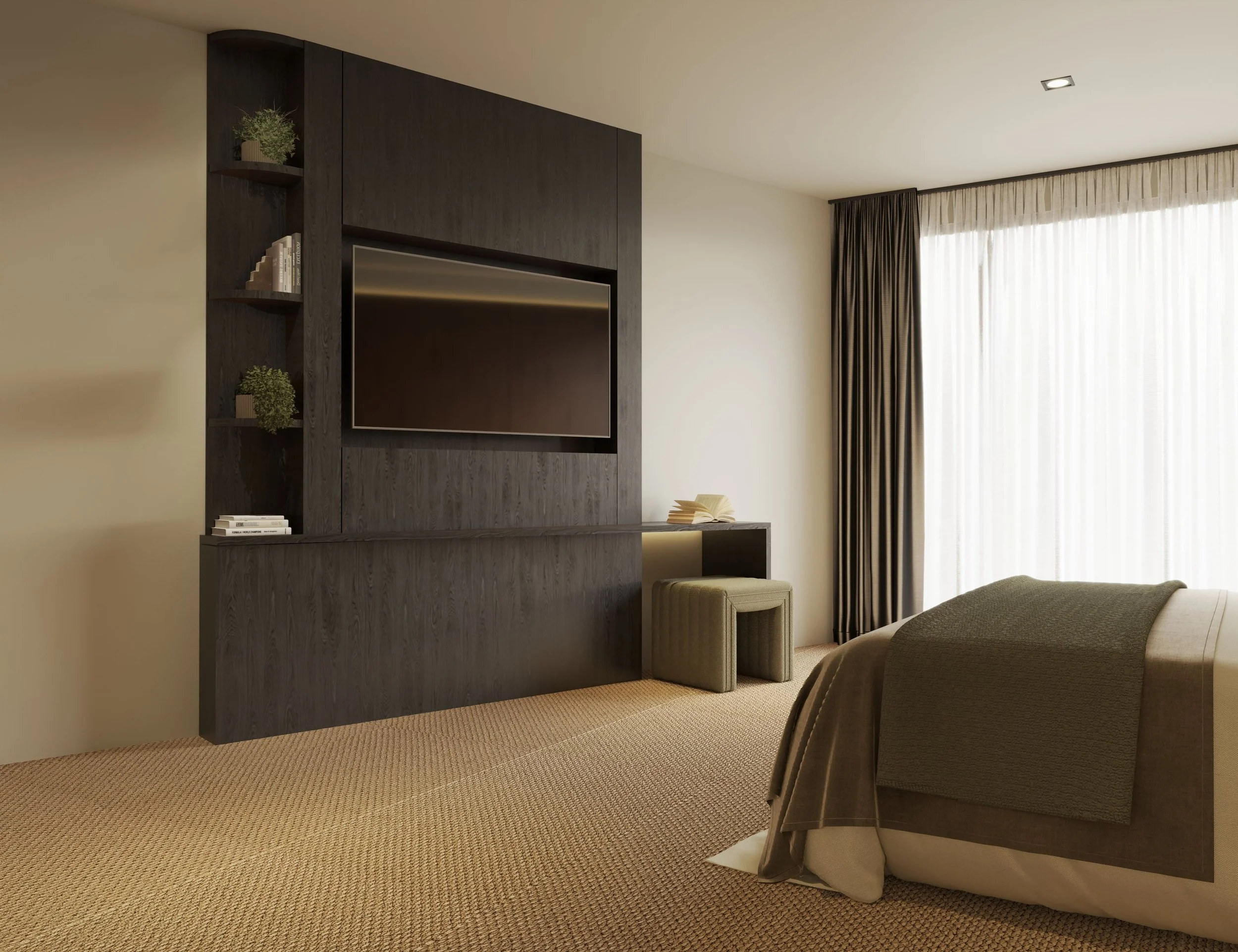A modern bedroom with a wall-mounted flat-screen TV set into dark wood cabinetry, next to built-in bookshelves with decorative plants and books. The room has beige furnishings, including a bed partially visible with a brown striped blanket, and a sma
