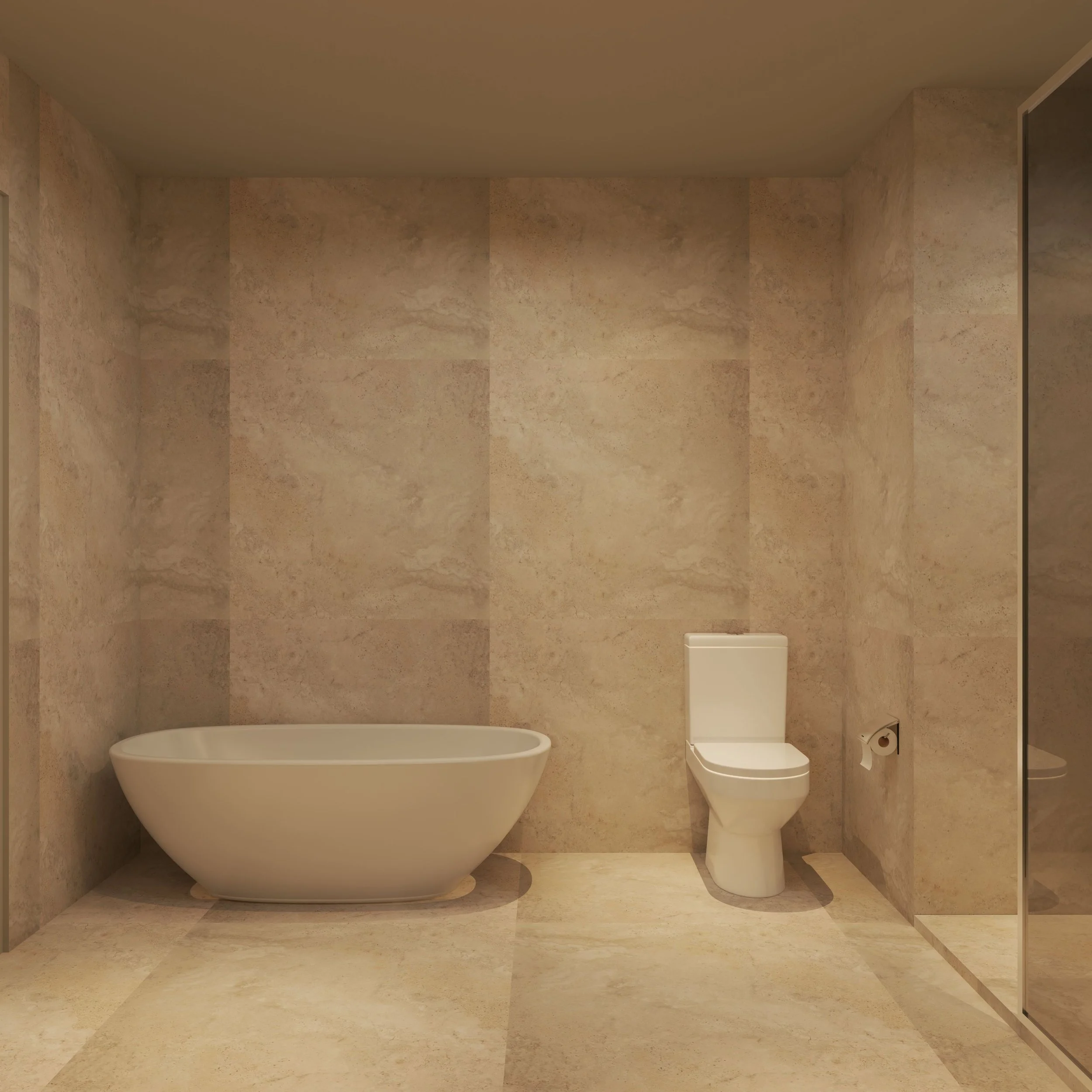 A modern bathroom with beige tiled walls and floor, a white bathtub, a white toilet, a small white shelf, a paper towel dispenser, and a toilet paper roll.