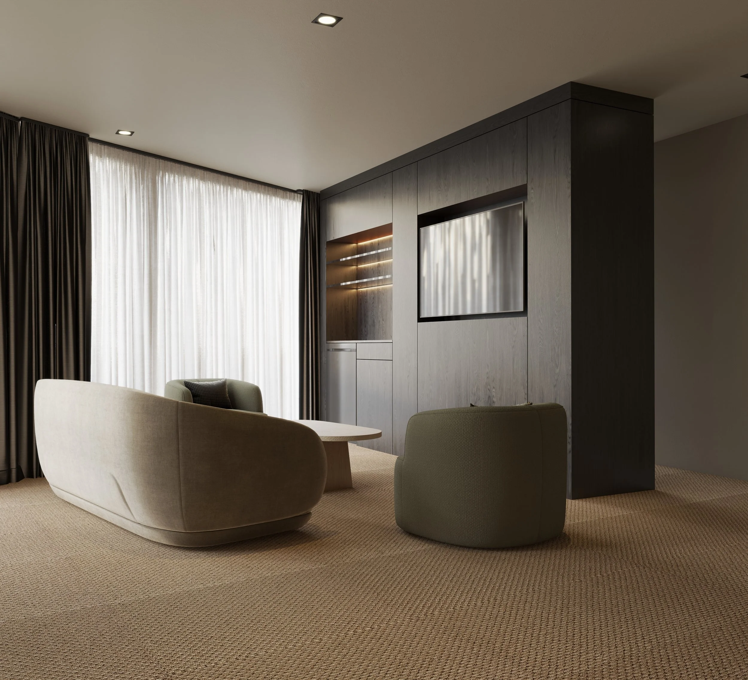 Living room with beige curved sofa, two green chairs, large window with dark curtains and sheer white curtains, and a built-in wall unit with a mirror, wood and metal accents, and recessed lighting.