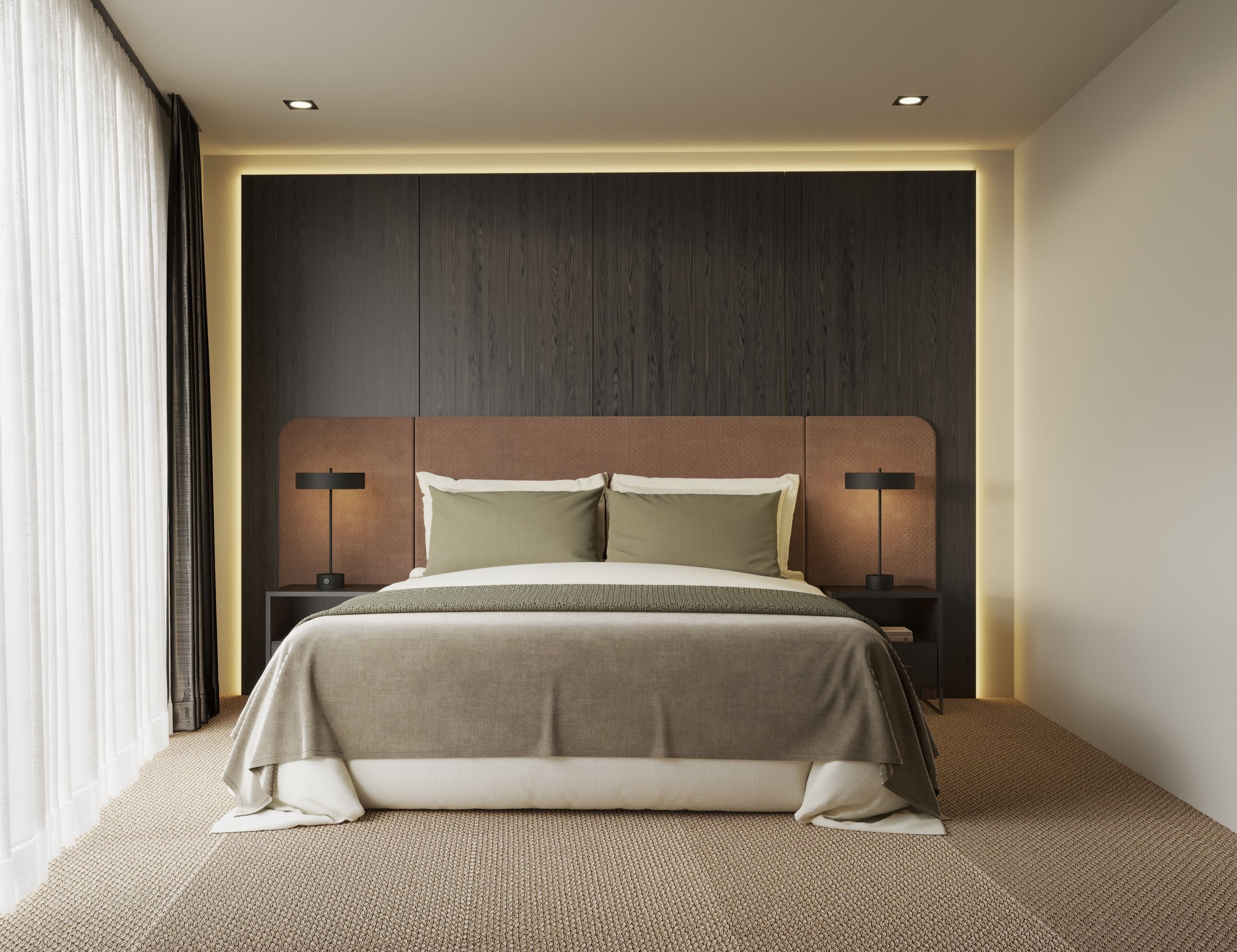 A modern bedroom with a bed, beige bedding, two pillows, black modern lamps on each side, a dark wood headboard, beige carpet, and white curtains on a window to the left.