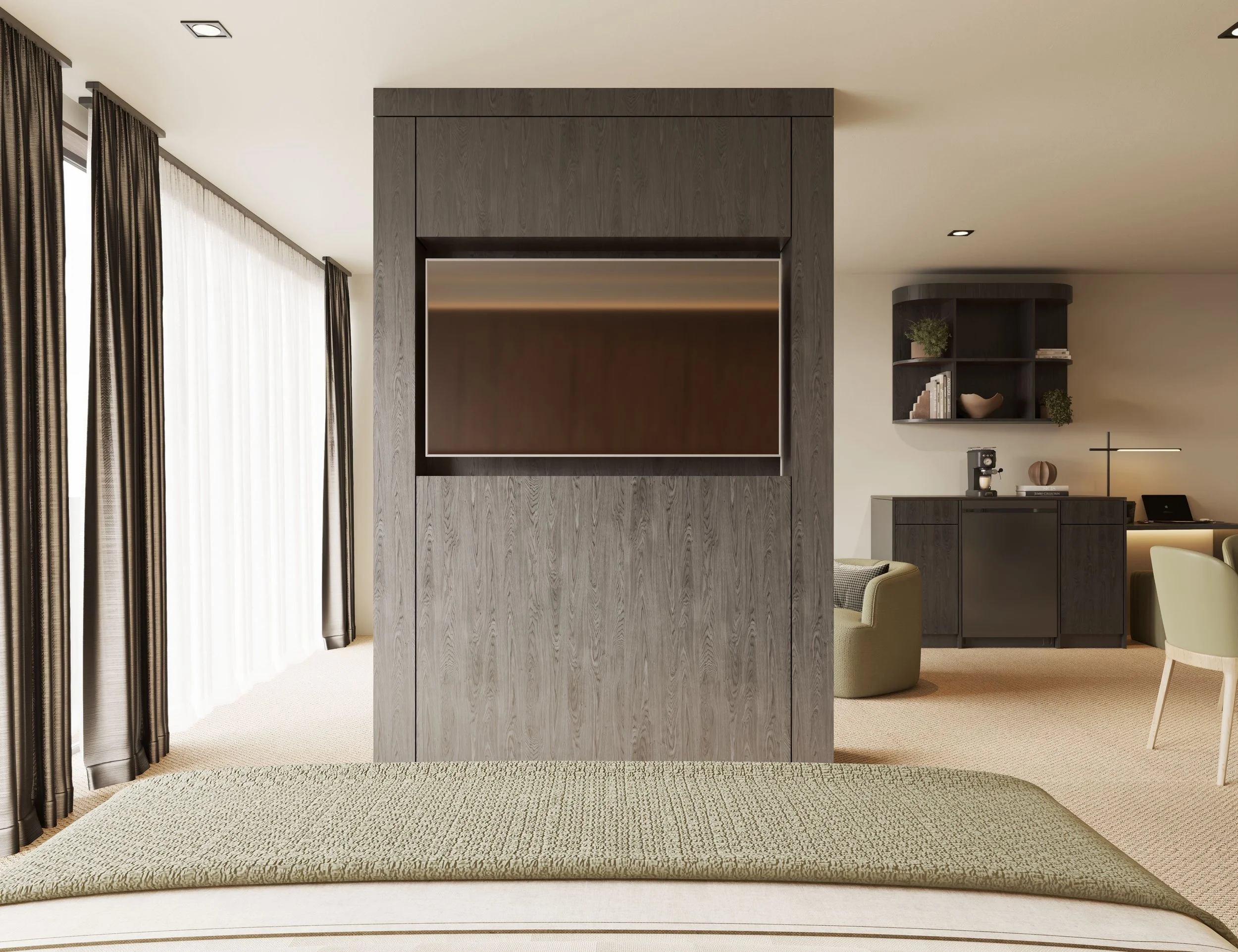 Interior of a modern living room with dark wood wall unit, beige armchair, open shelving with books and decor, large window with dark curtains, patterned beige carpet, and recessed ceiling lights.