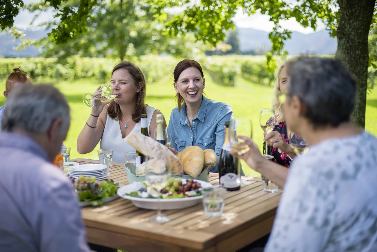 Friends enjoying wine and a shared lunch together at an outdoor table beneath the trees in Marlborough.