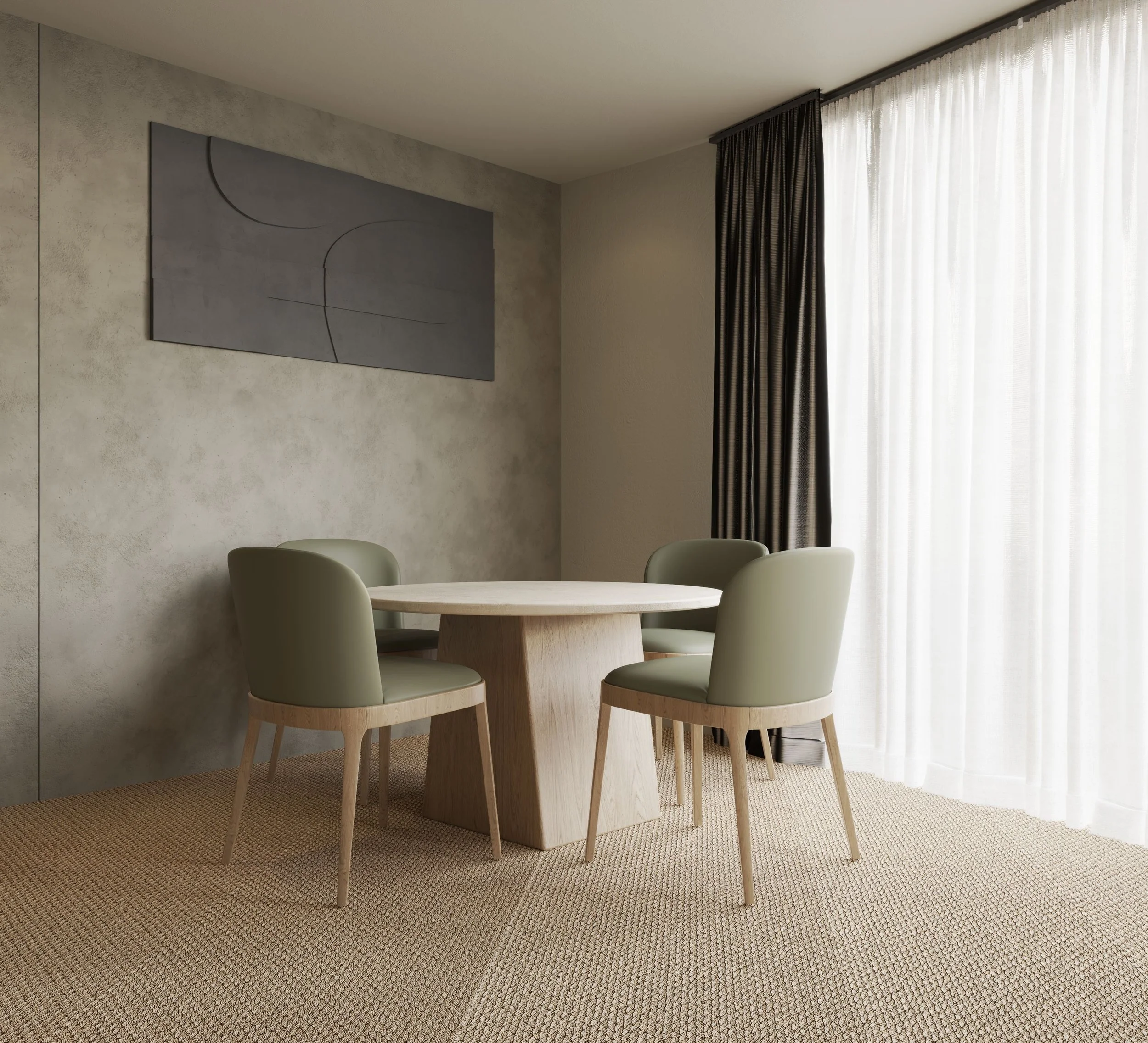 A dining table with four beige chairs in a room with light-colored walls, a beige carpet, and a large window with sheer white curtains and dark drapes, with a gray abstract painting on the wall.