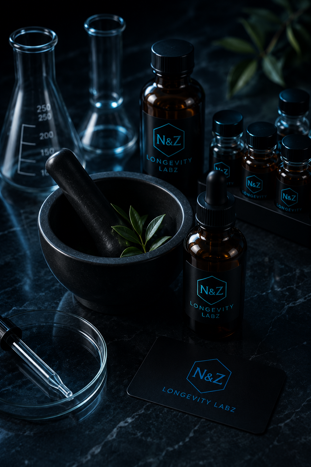 A dark, modern laboratory setup with glass lab equipment, brown bottles labeled 'N&Z Longevity LABZ', a mortar and pestle with green leaves, a glass dropper in a petri dish, and a card with the same branding.