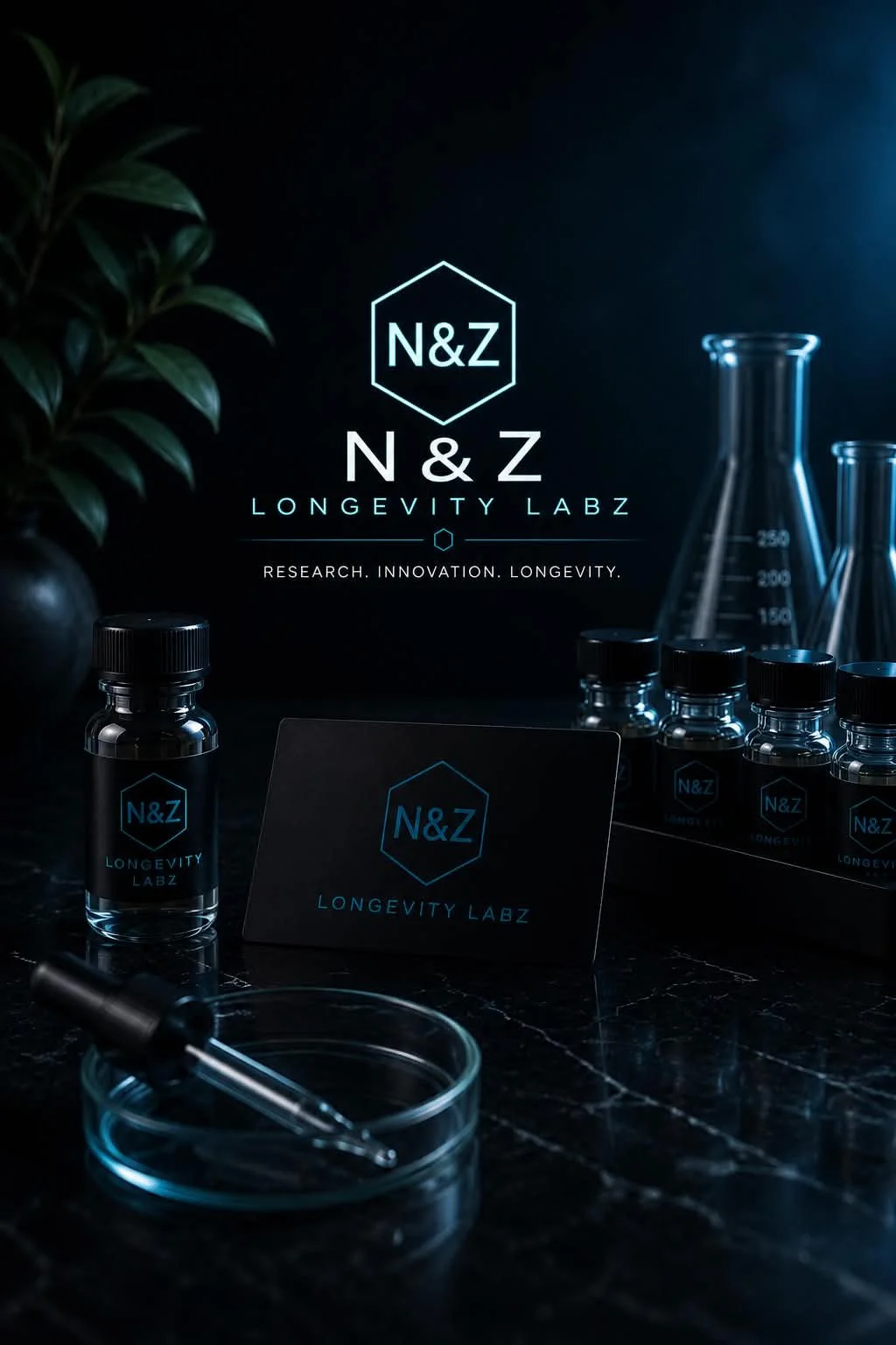 Scientist's workspace with test tubes, a dropper, and a sign reading 'N&Z Longevity Labz' showing focus on research and innovation in longevity.