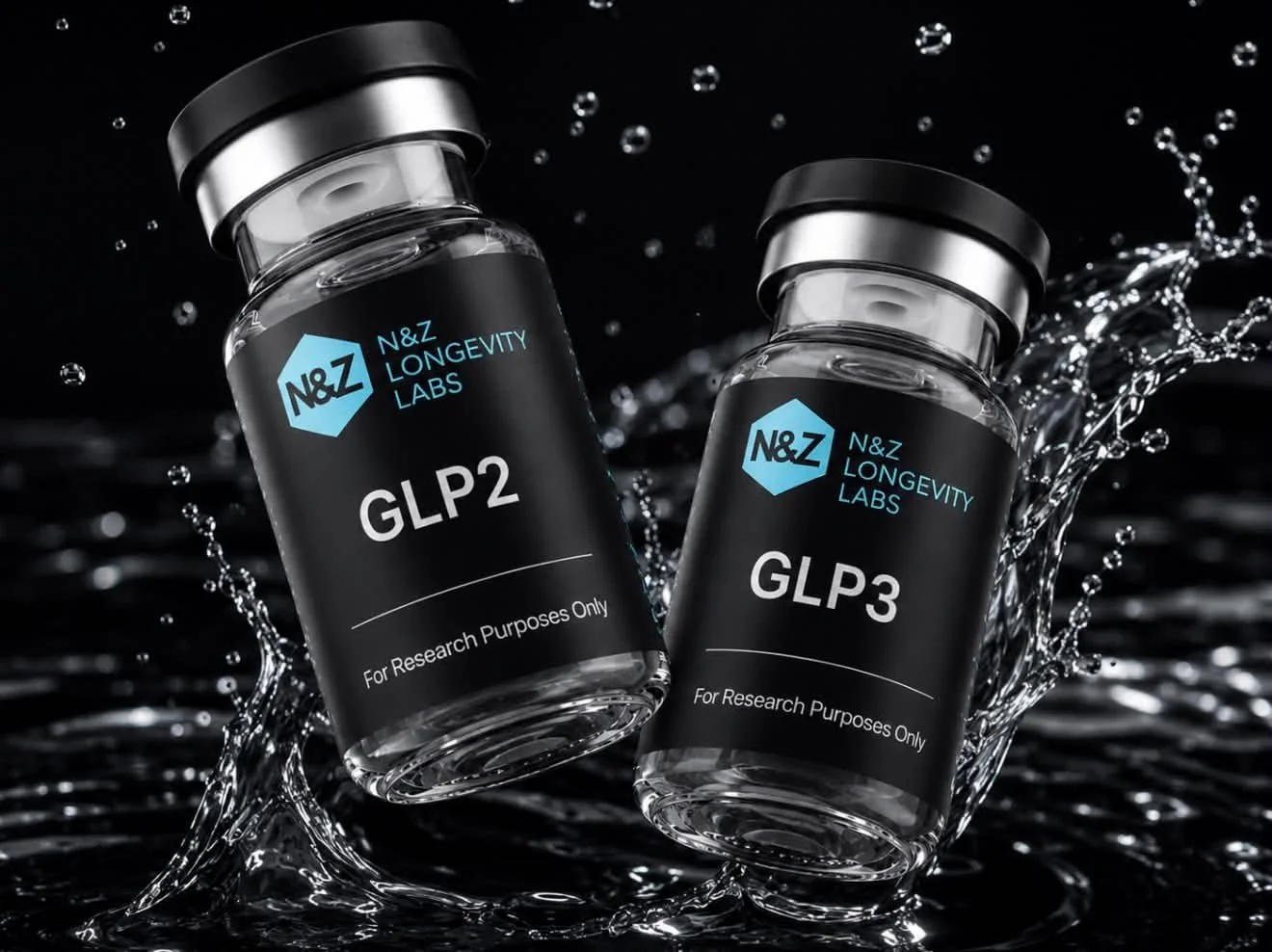 Two bottles labeled GLP2 and GLP3 from N&Z Longevity Labs, surrounded by splashing water against a dark background, for research purposes only.