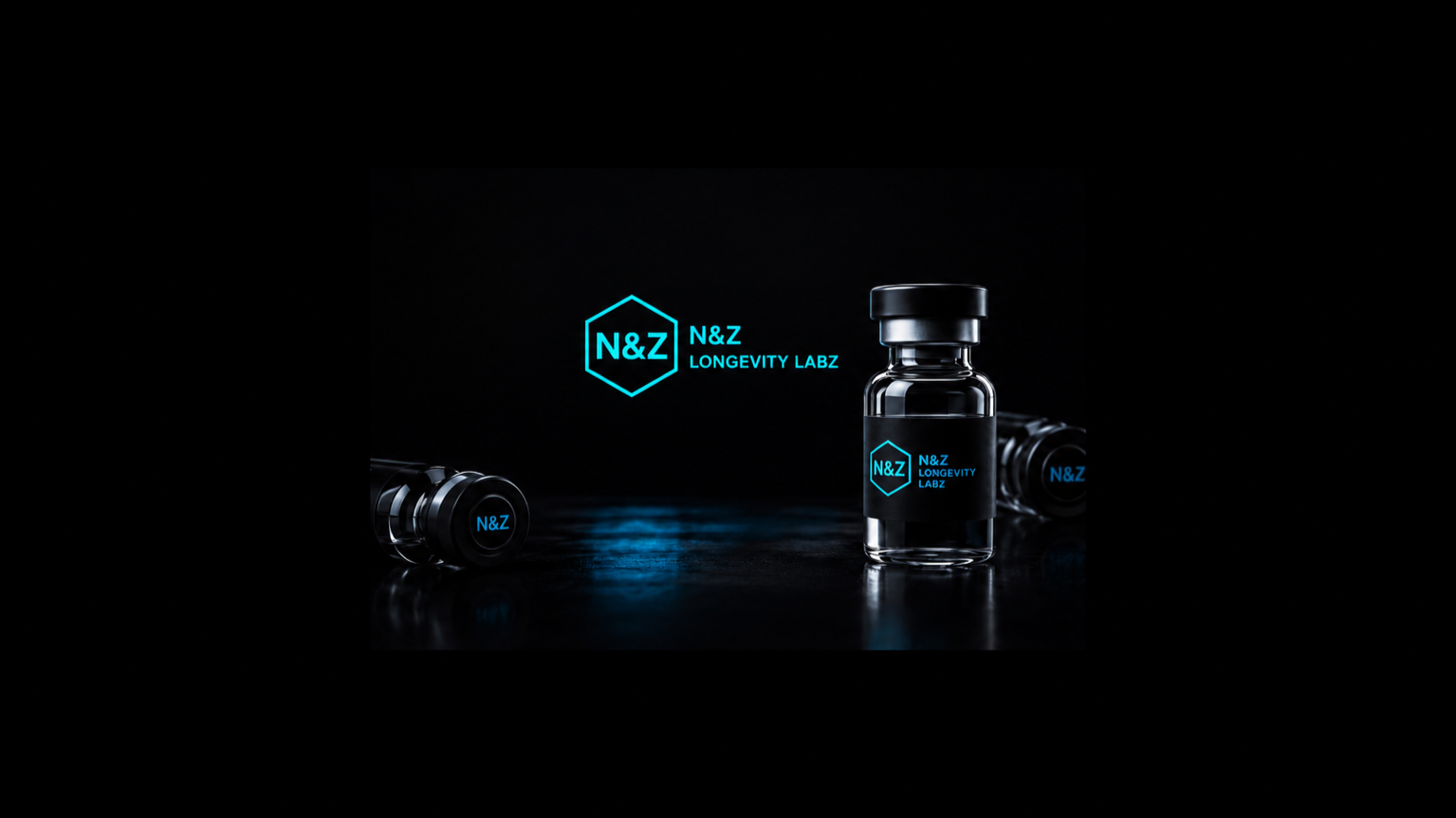 Three small glass vials with black caps and blue labels, one upright and two lying down, with a black background and neon blue text displaying 'N&Z' and 'Longevity Labz'.