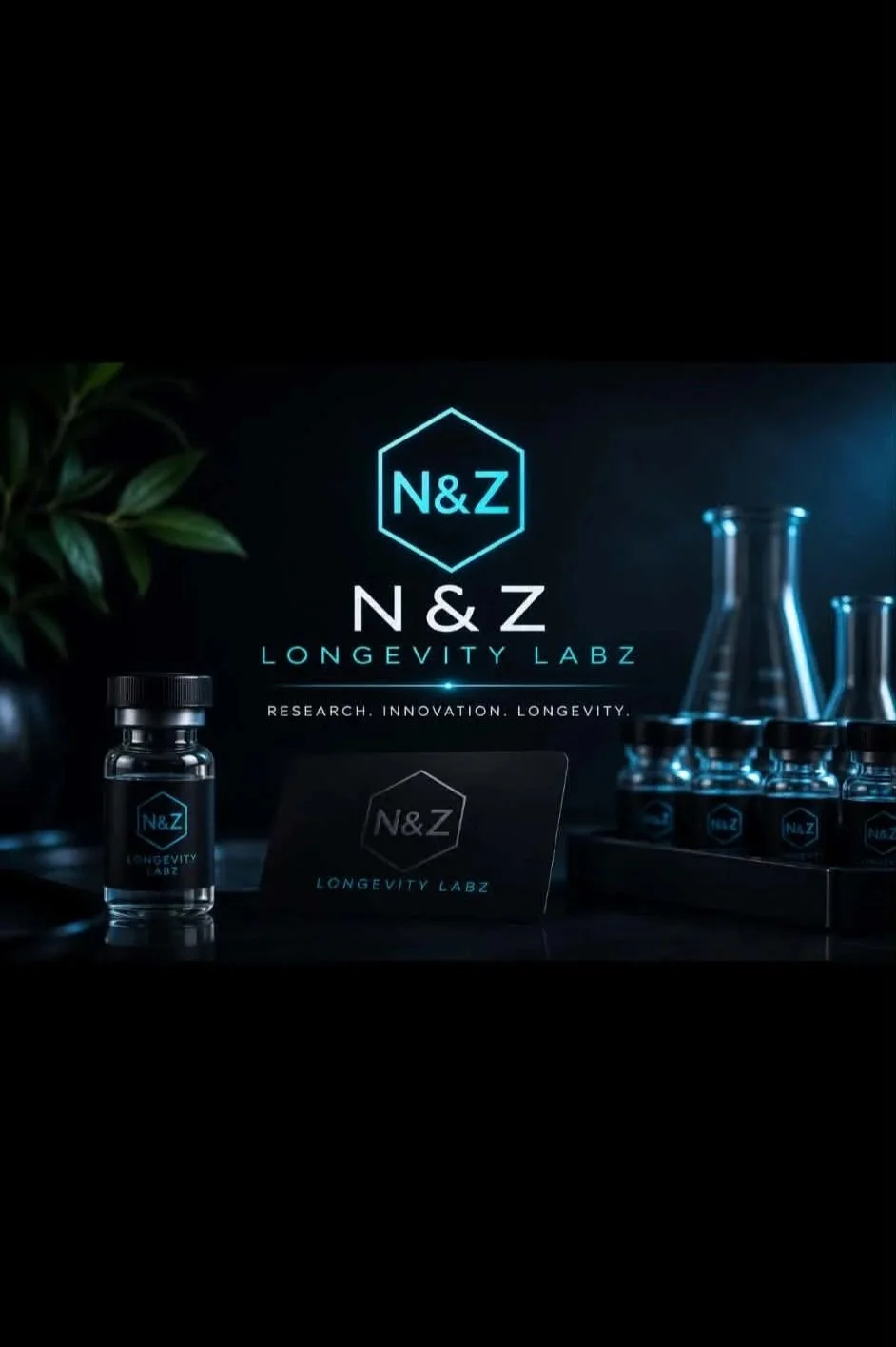 Display of N&Z Longevity Labz products, including a small vial and several glass bottles, with a dark background and neon-blue branding.