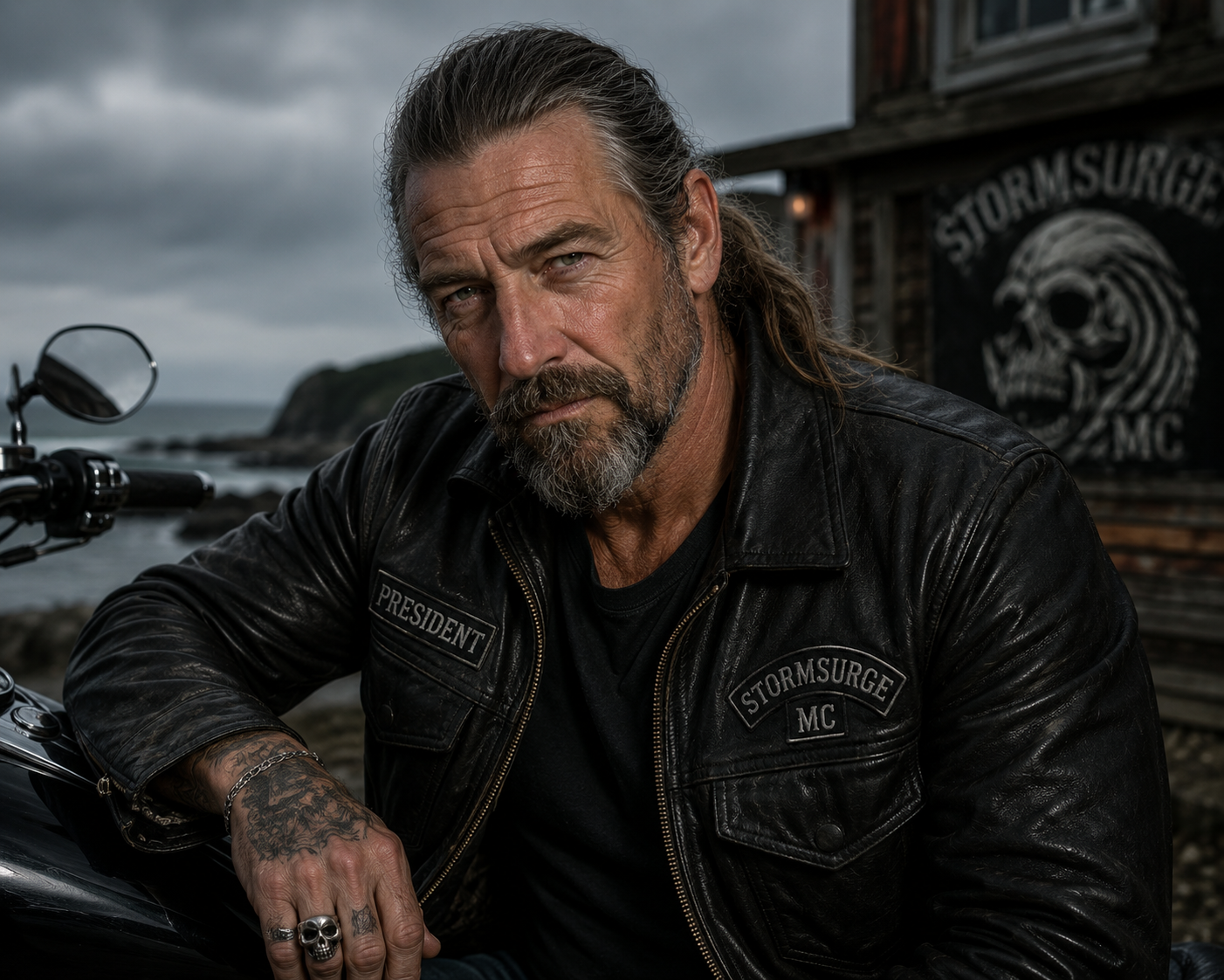 Liam ' Hawk' Hawker A rugged man with gray hair, a beard, and tattoos, wearing a black leather jacket with patches that read 'PRESIDENT' and 'STORMSURGE MC,' sitting on a motorcycle outdoors near a rocky coastline with a cloudy sky in the background.