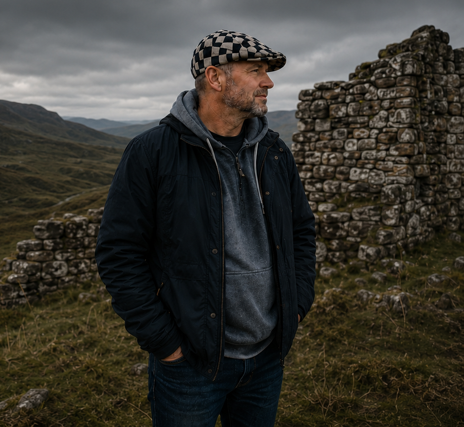 A man with a gray beard wearing a checkered flat cap, black jacket, and gray hoodie standing outdoors on a cloudy day with rolling hills and ancient stone ruins in the background.