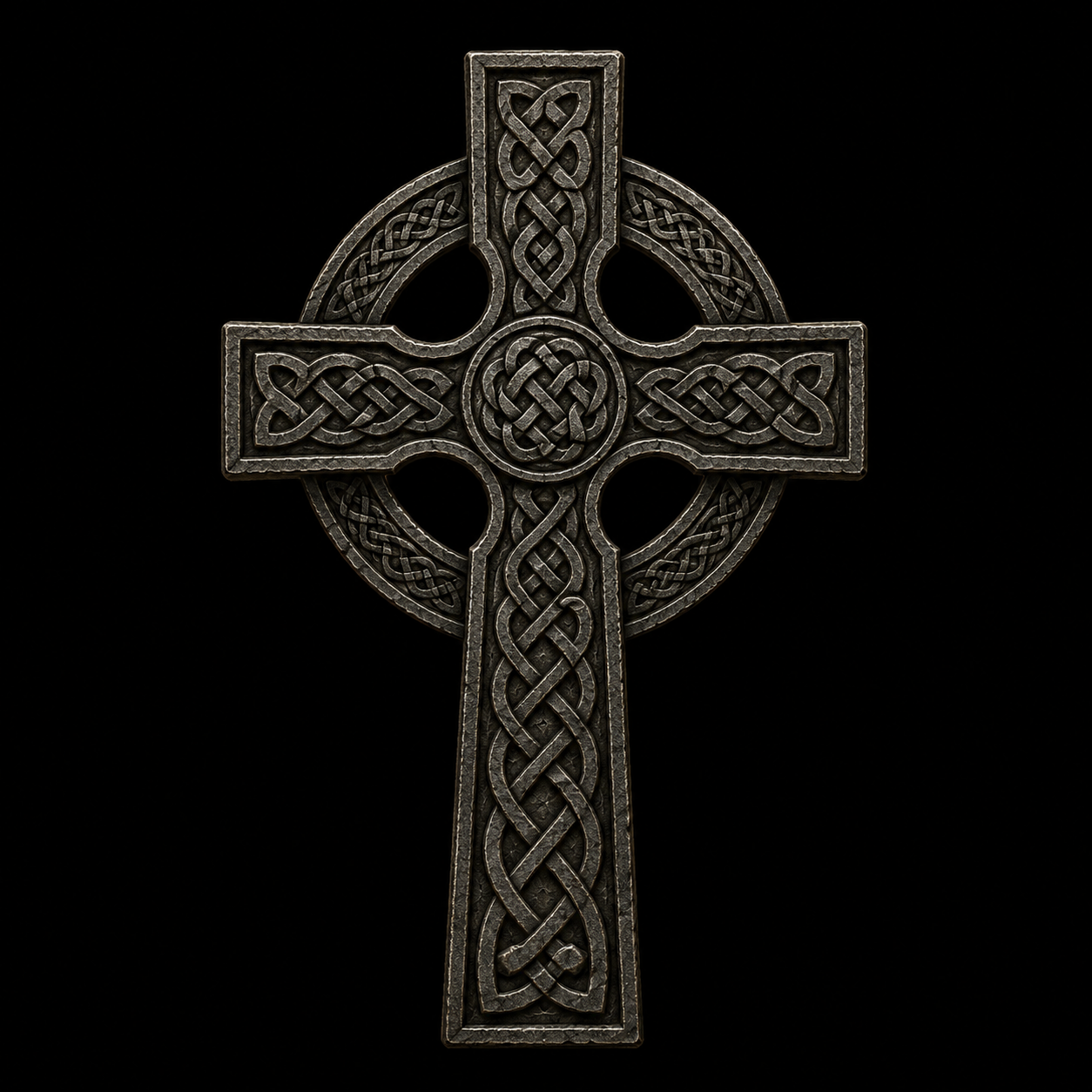 Celtic cross made of dark metal with intricate knot designs, centered on a black background.