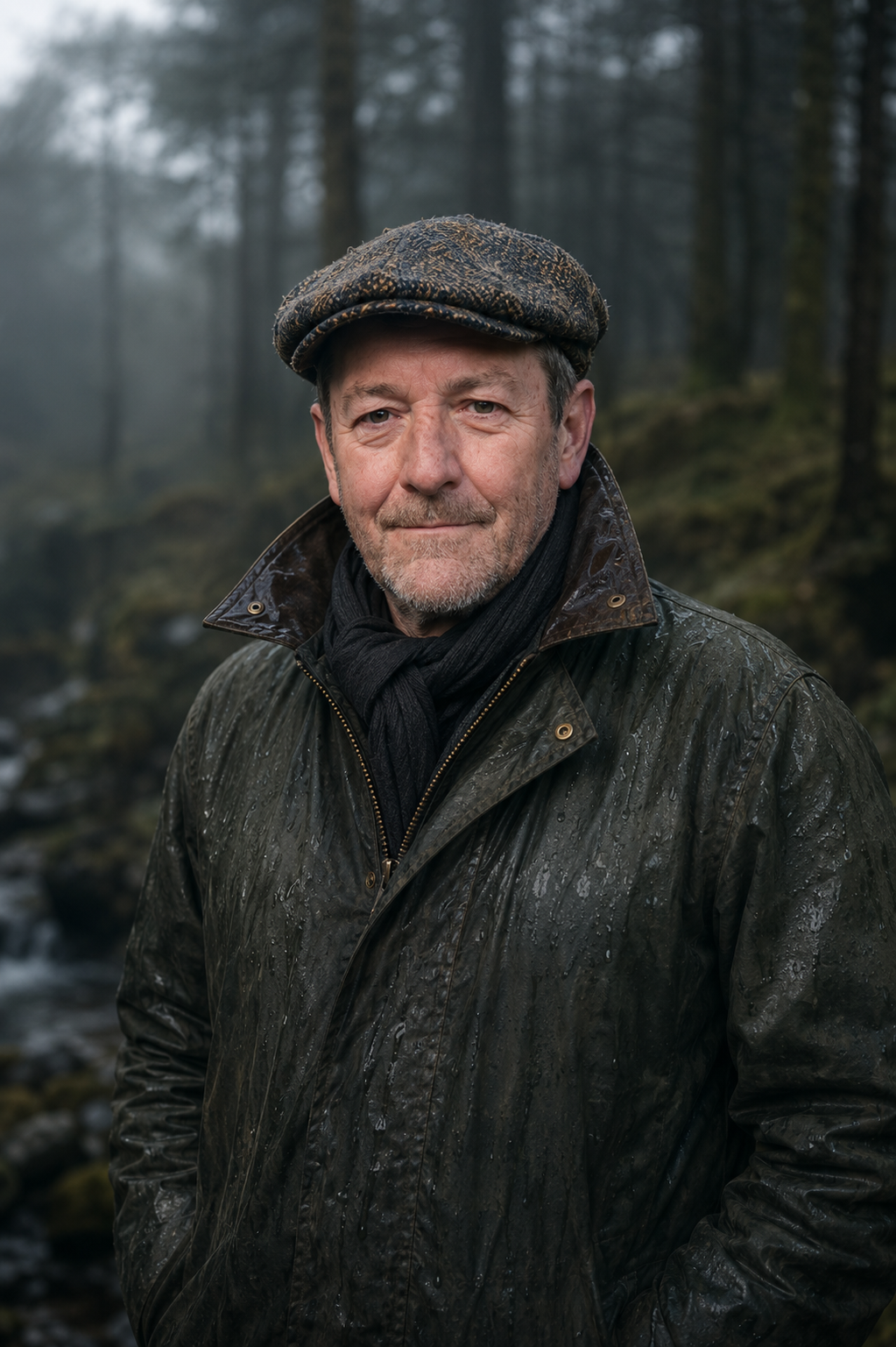 A middle-aged man with a beard, wearing a flat cap and a rain-soaked dark leather jacket, standing outdoors in a foggy forested area.