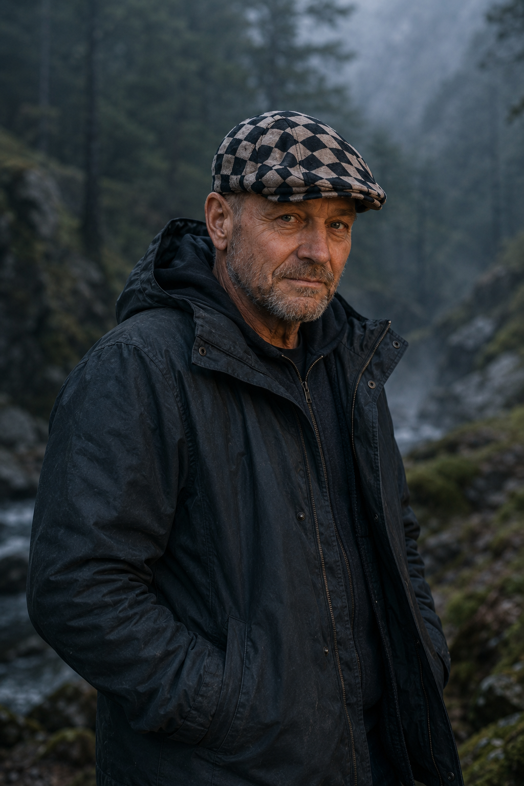 A middle-aged man with a beard wearing a checkered flat cap and a black water-resistant jacket, standing outdoors in a forested area near a waterfall or river.