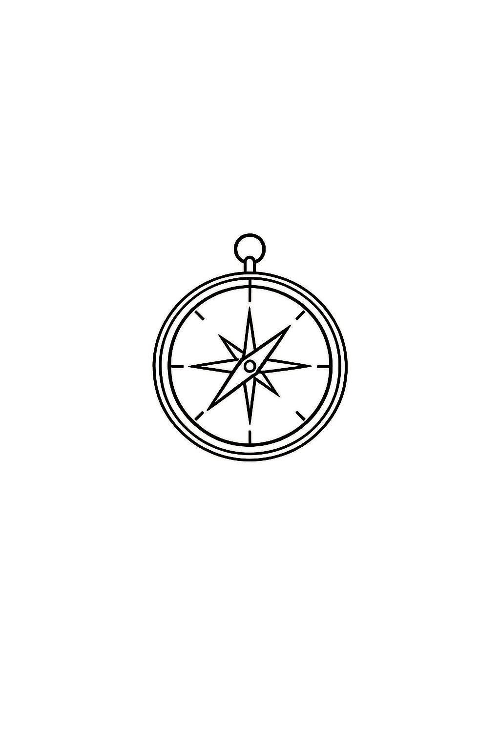 Outline of a pocket compass with directional needle on a black background.