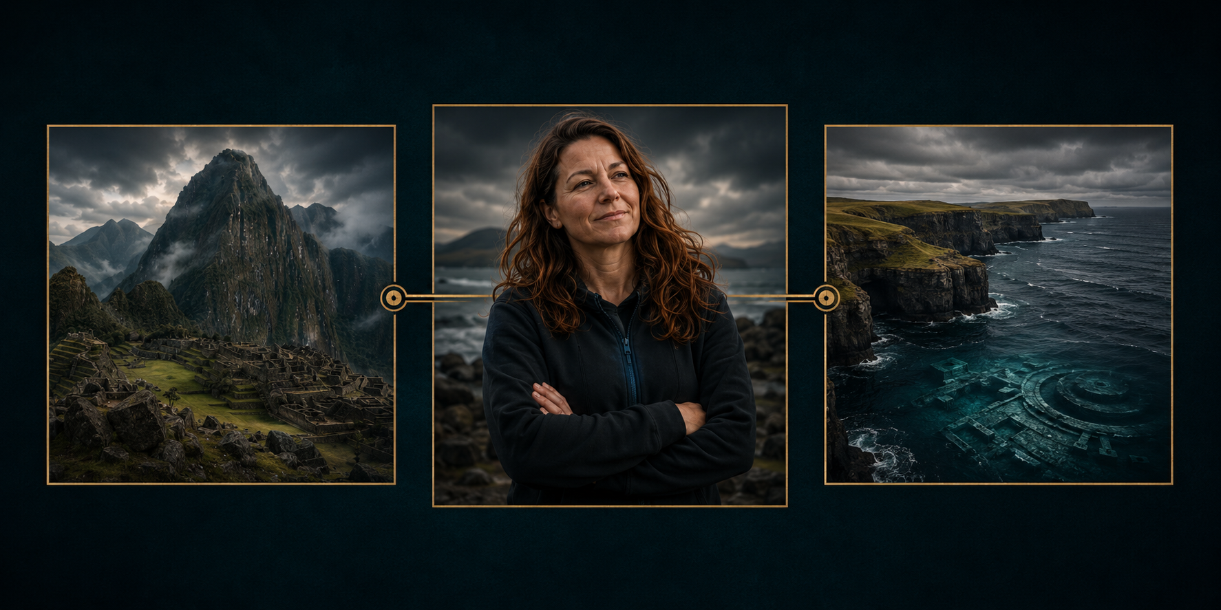 A woman with curly brown hair, wearing a black jacket, standing with arms crossed on a rocky shoreline with dark clouds overhead.