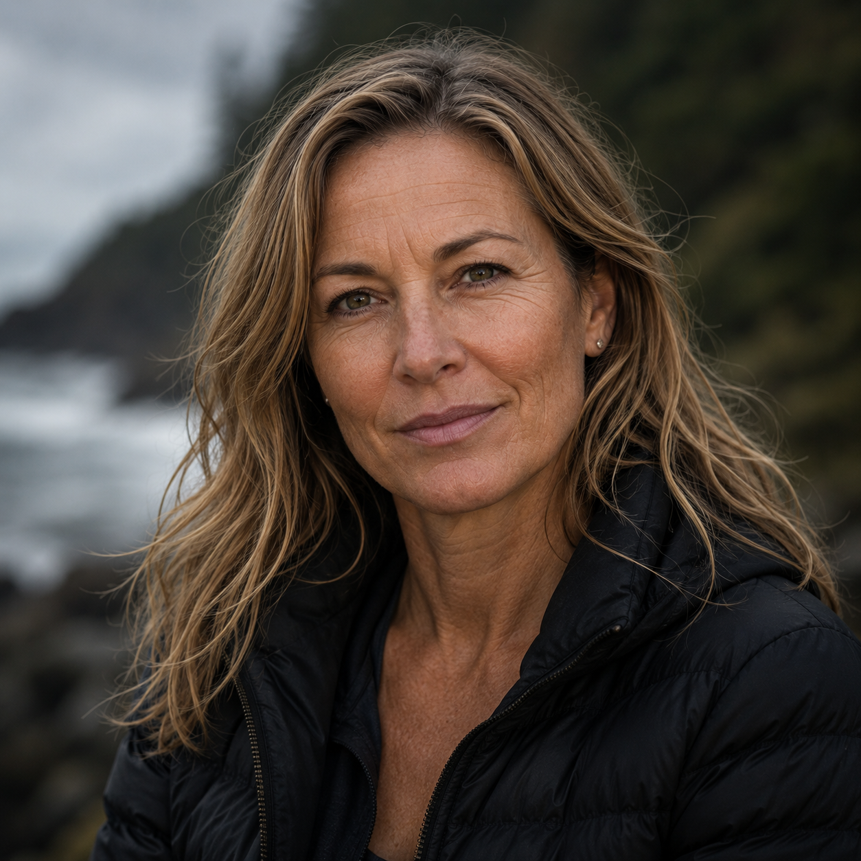 Áine O'Neill - A middle-aged woman with wavy blonde hair and green eyes, wearing a black jacket, standing outdoors on a rocky coastline with ocean waves and a cloudy sky in the background.