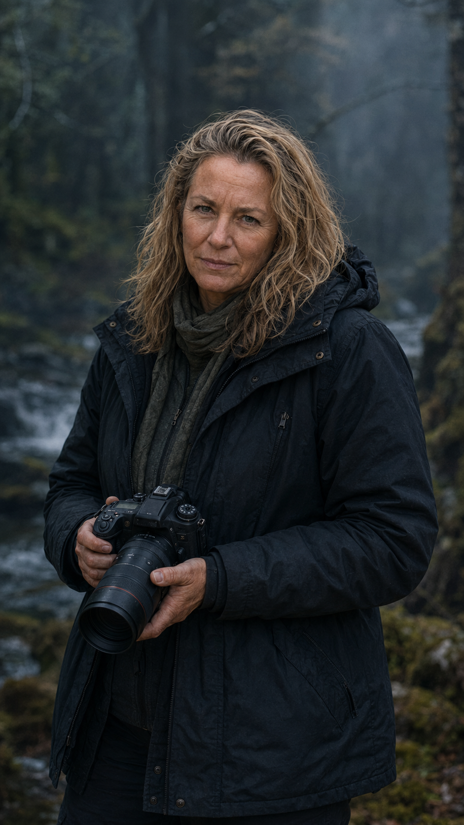 A woman with curly blonde hair holding a camera outside near a forest stream.
