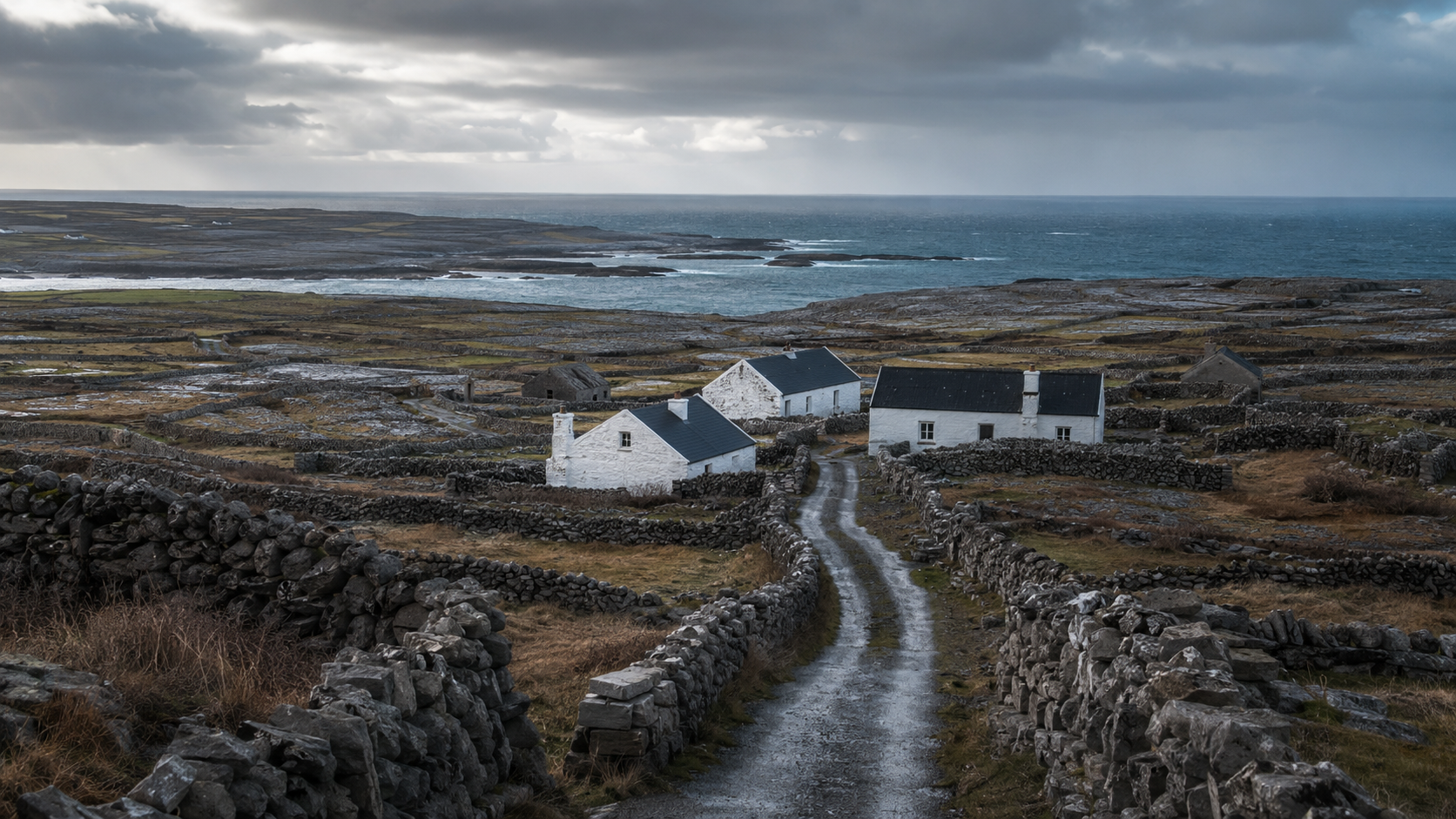 A rural coastal scene featuring a dirt path flanked by stone walls leading to white houses with dark roofs, under a cloudy sky, with the ocean in the background.